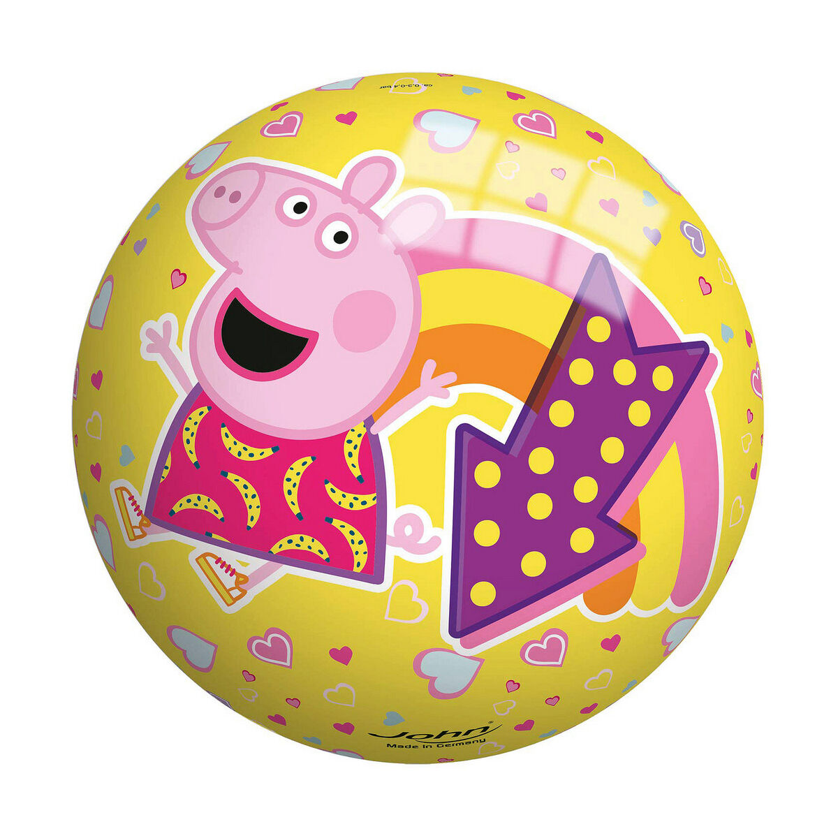 Palla gialla con Peppa Pig, arcobaleno e freccia.