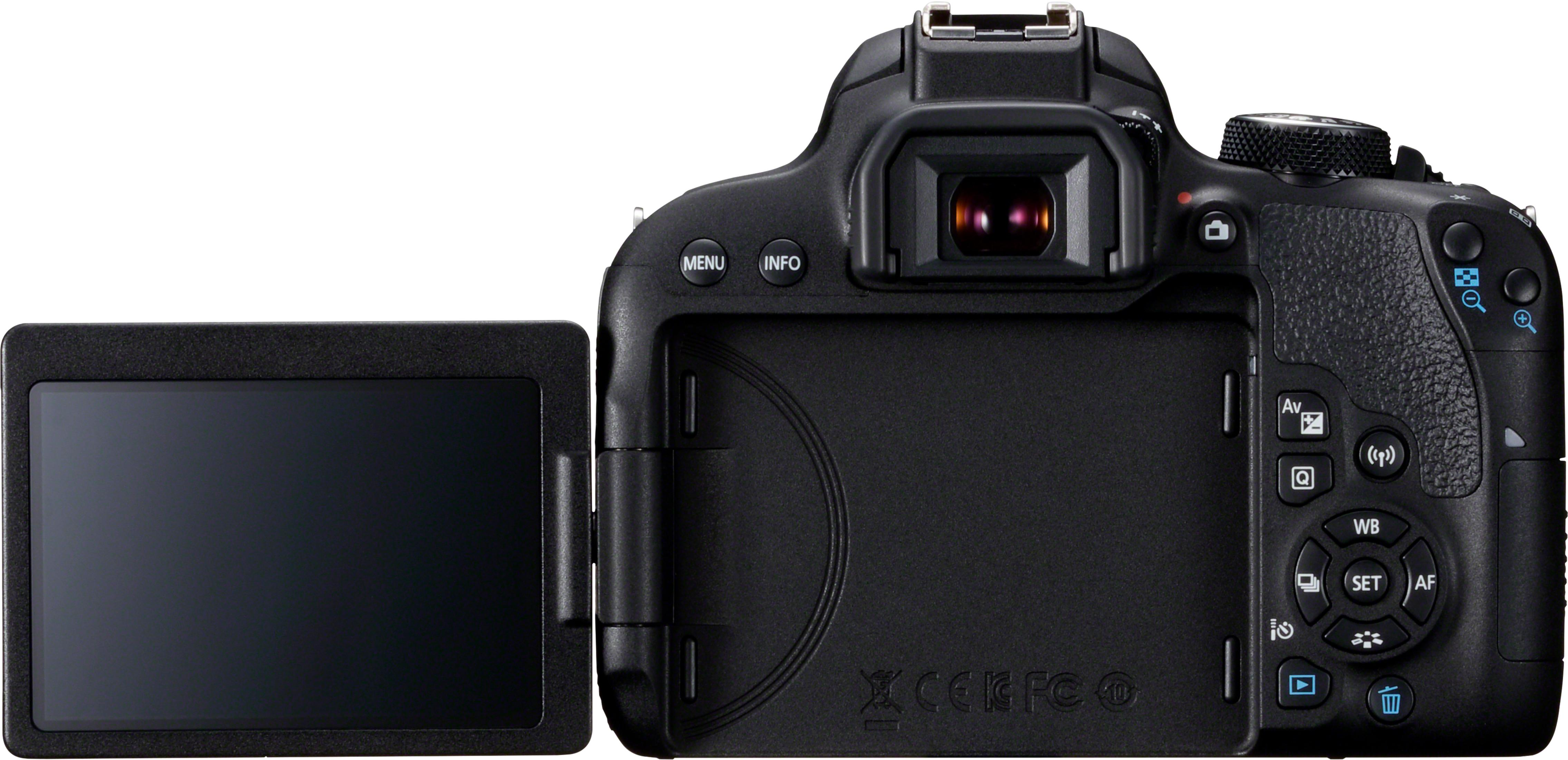 Vista posteriore di una fotocamera digitale nera con schermo orientabile e pulsanti di controllo.