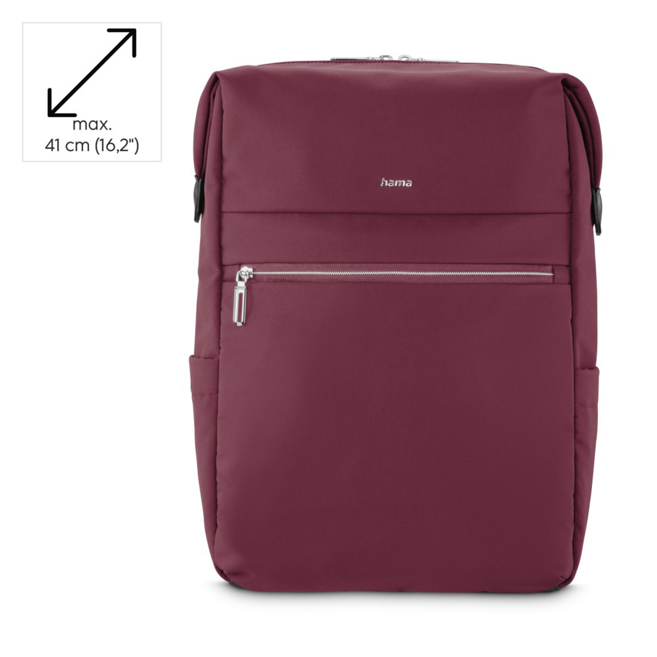 Uno zaino bordeaux con tasca con cerniera e logo Hama.
