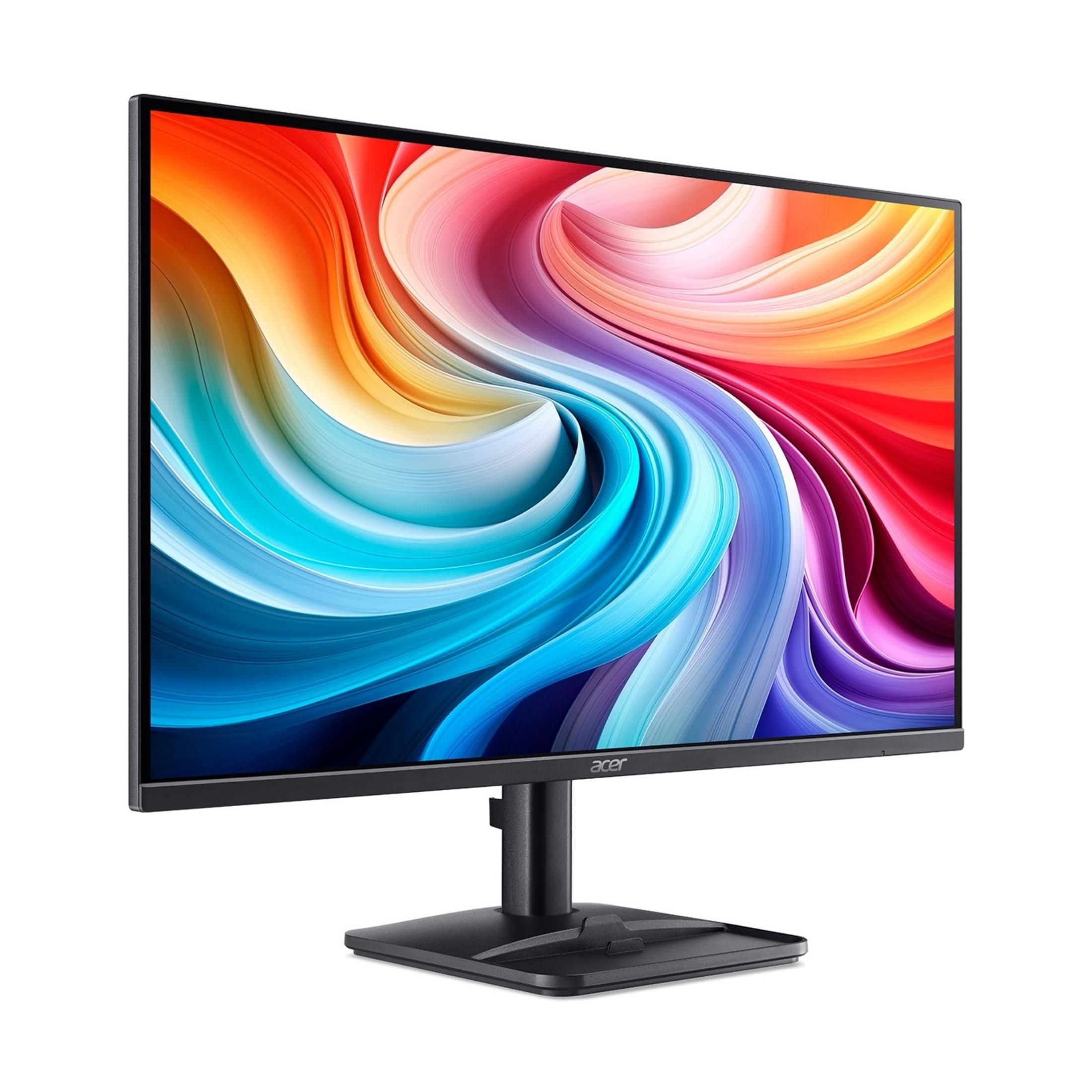 Beyaz bir zemin üzerinde renkli, girdaplı bir arka plan gösteren Acer monitör.