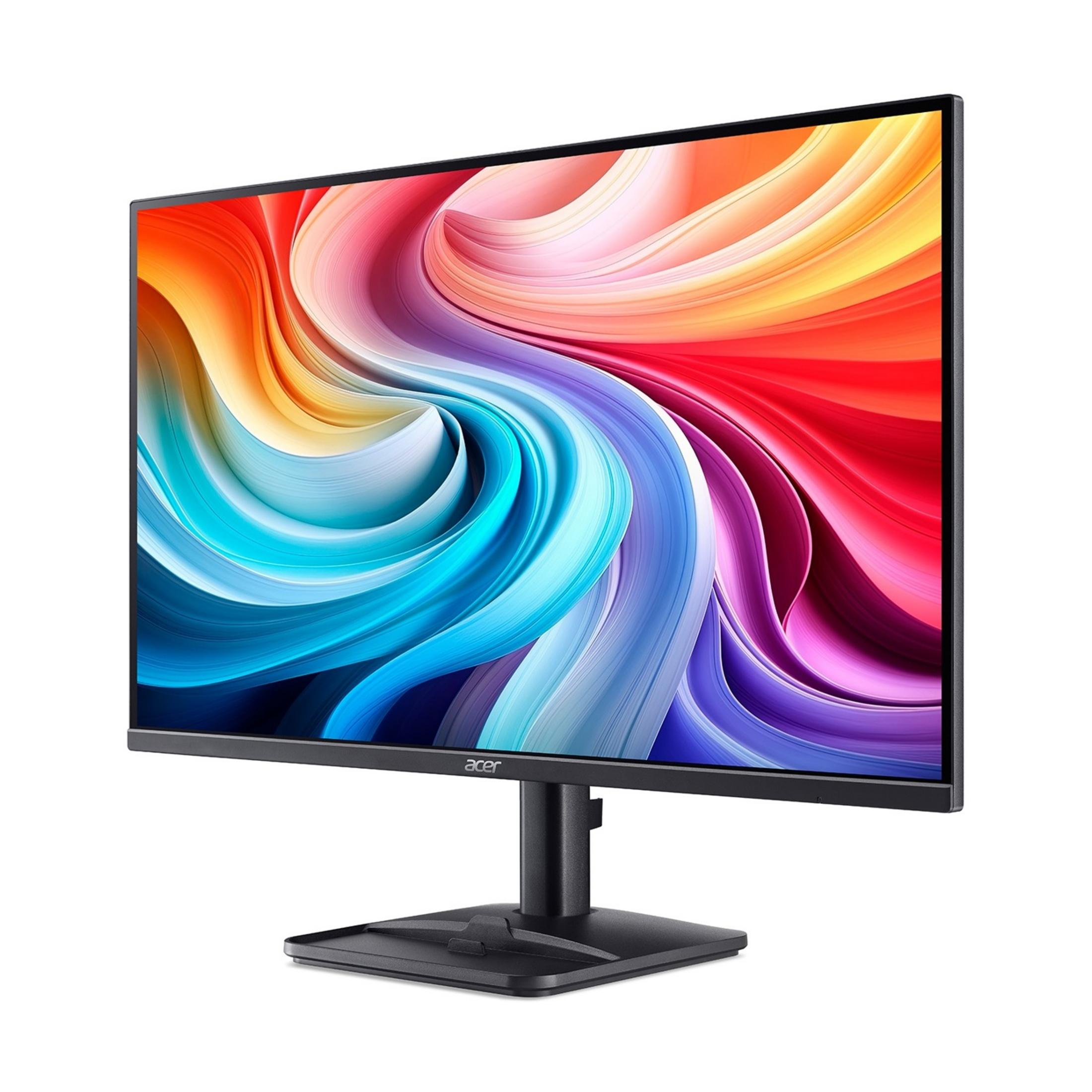 Renkli, burgulu soyut duvar kağıdı gösteren Acer monitör.