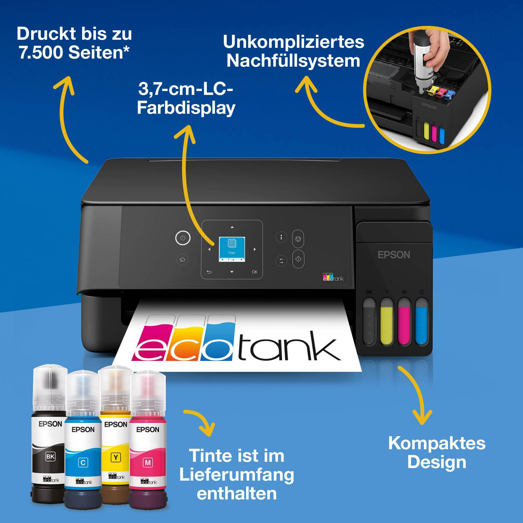 Stampante Epson EcoTank con flaconi d'inchiostro, display e sistema di ricarica.
