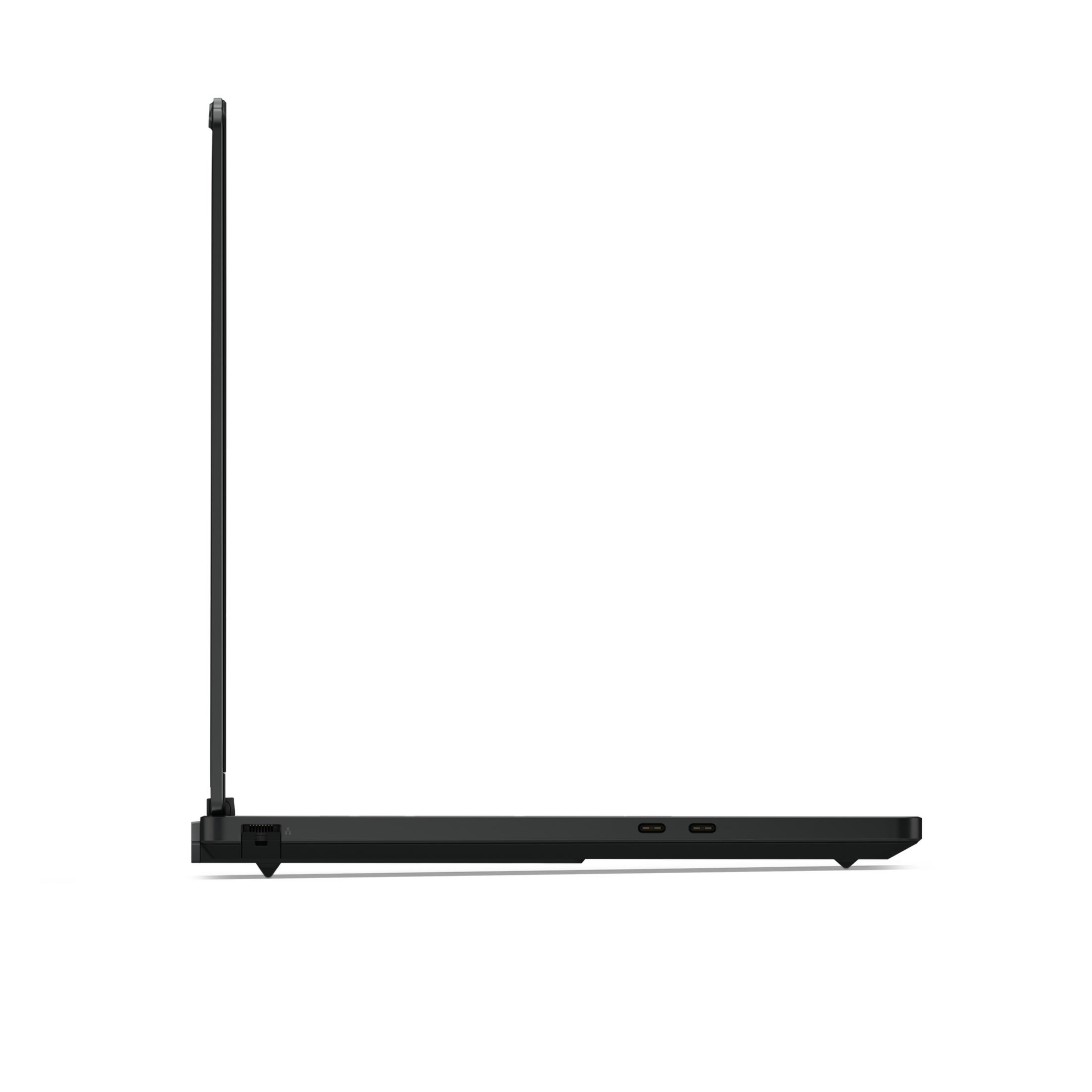Schwarzer Laptop im Profil auf weißem Hintergrund, mit USB-C-Anschlüssen.