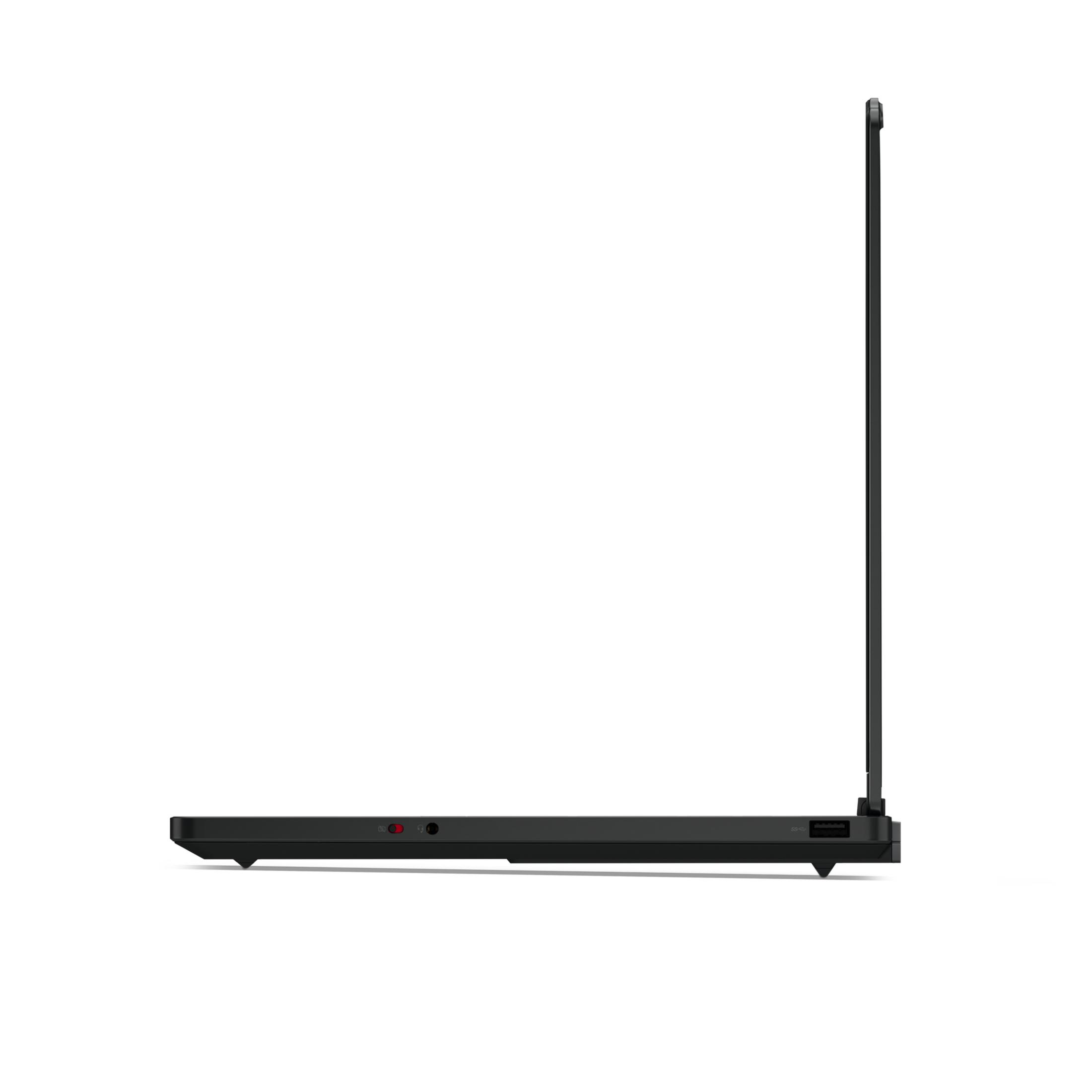 Schwarzer Laptop im Seitenprofil mit geöffnetem Bildschirm und Anschlüssen.