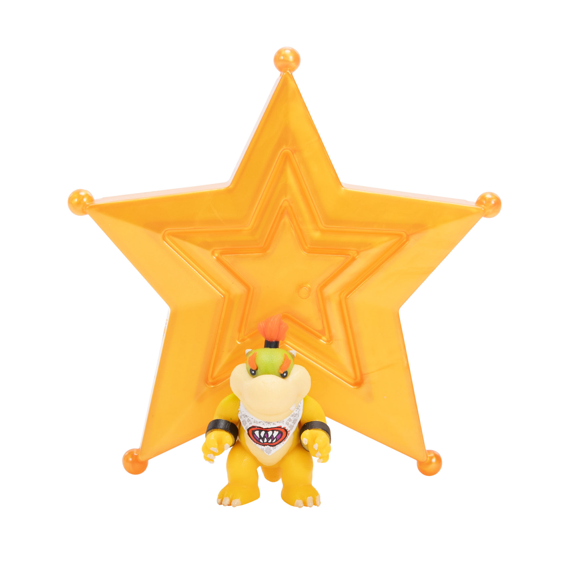 Ein gelber Bowser Jr. steht vor einem großen, orangefarbenen Stern mit weißen Akzenten.