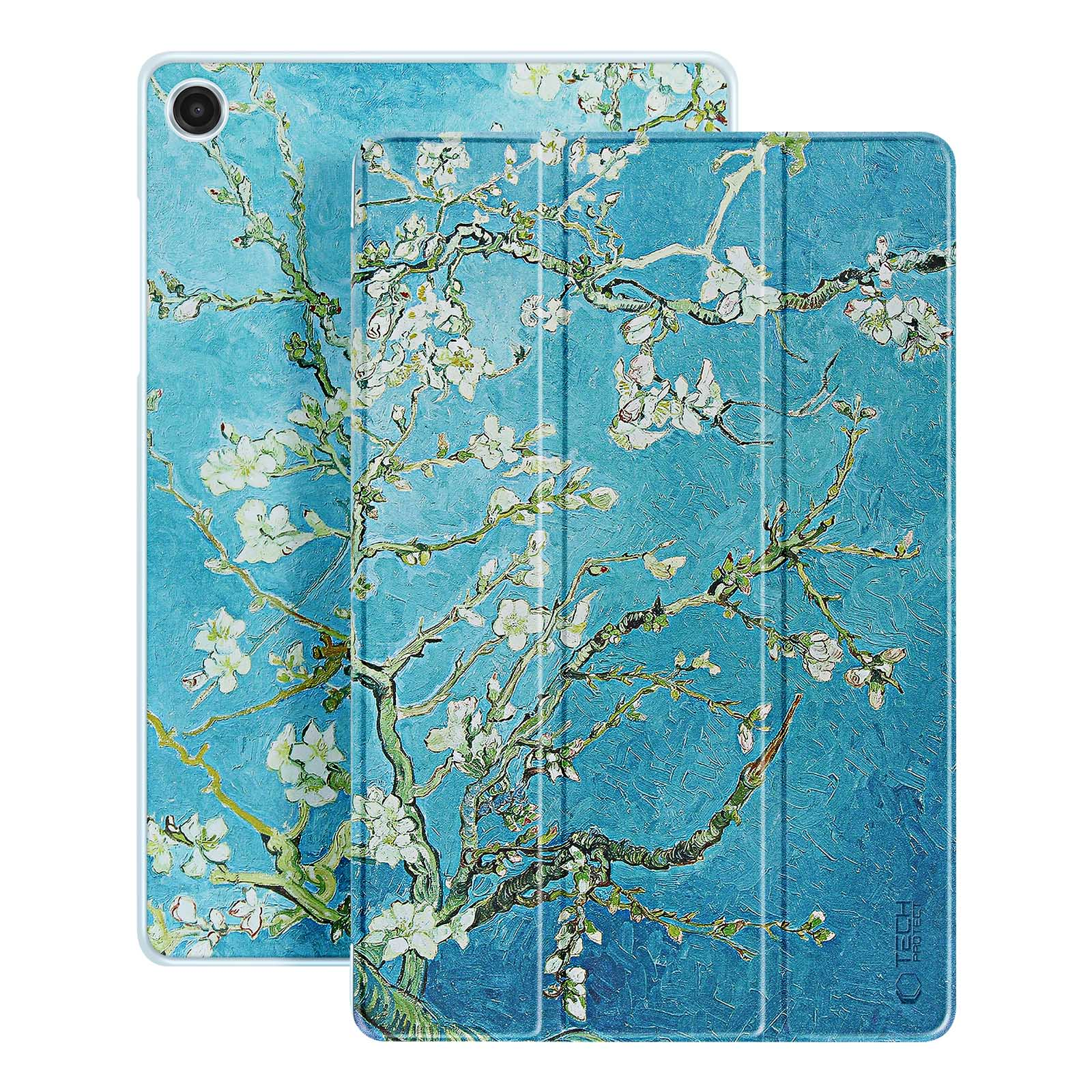 Due custodie per tablet con il disegno Fiori di mandorlo di Van Gogh su sfondo blu.