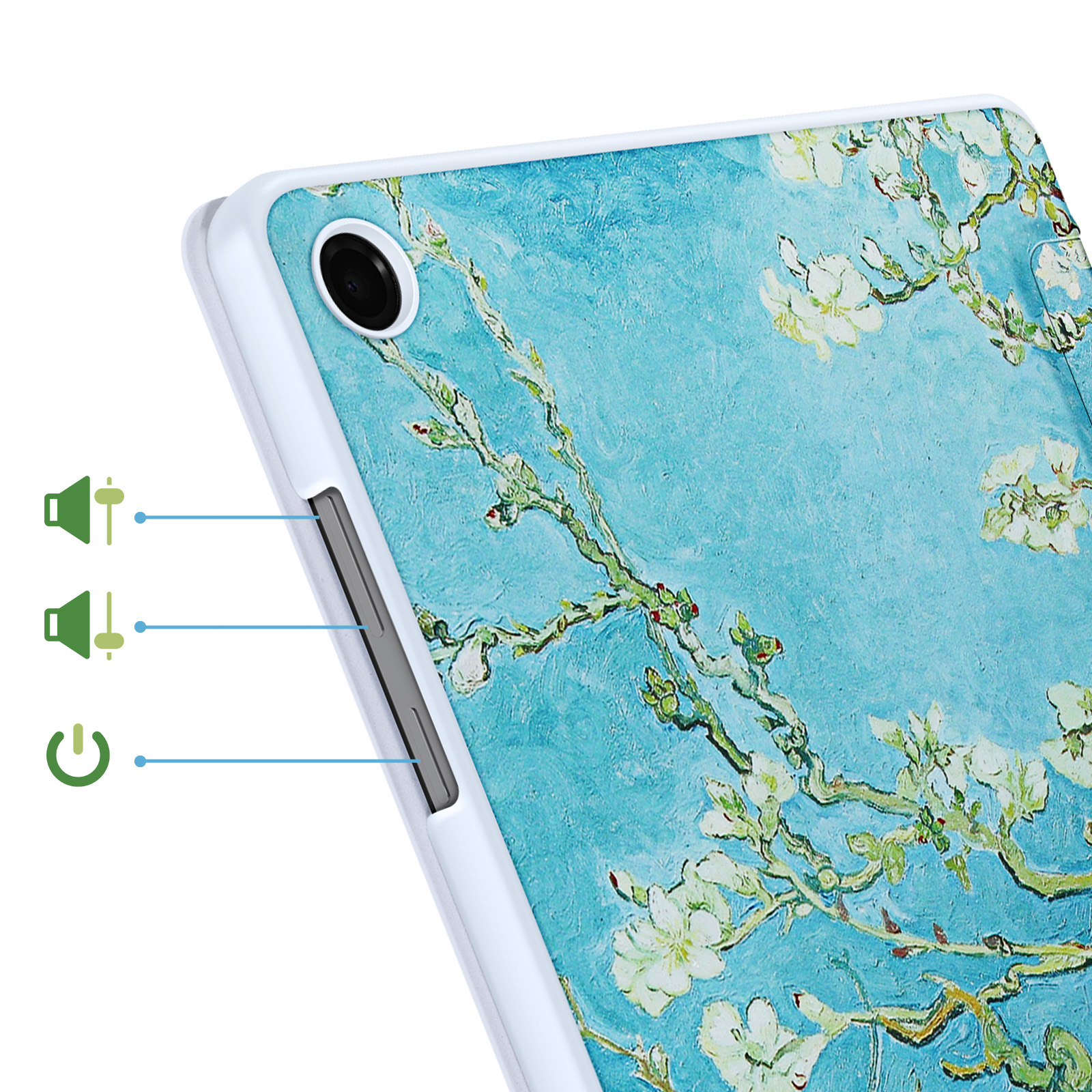Un tablet con motivo di mandorli in fiore di Van Gogh, con pulsanti volume e accensione.
