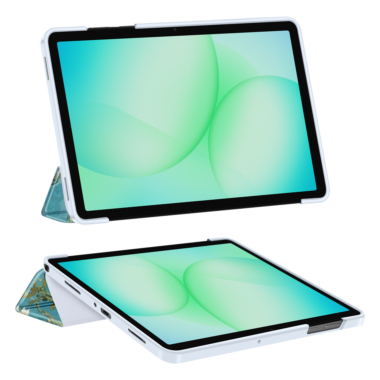 Un tablet bianco con sfondo blu e verde.