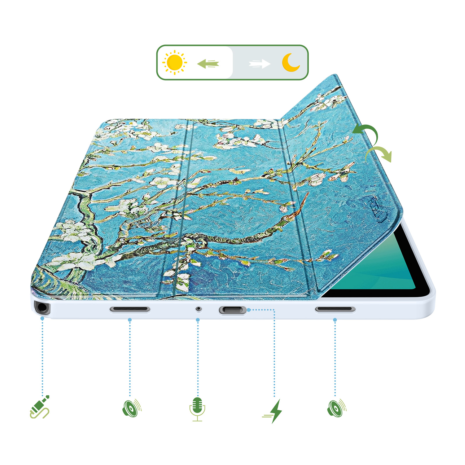 Custodia per tablet con design Fiori di mandorlo di Van Gogh, aperta.