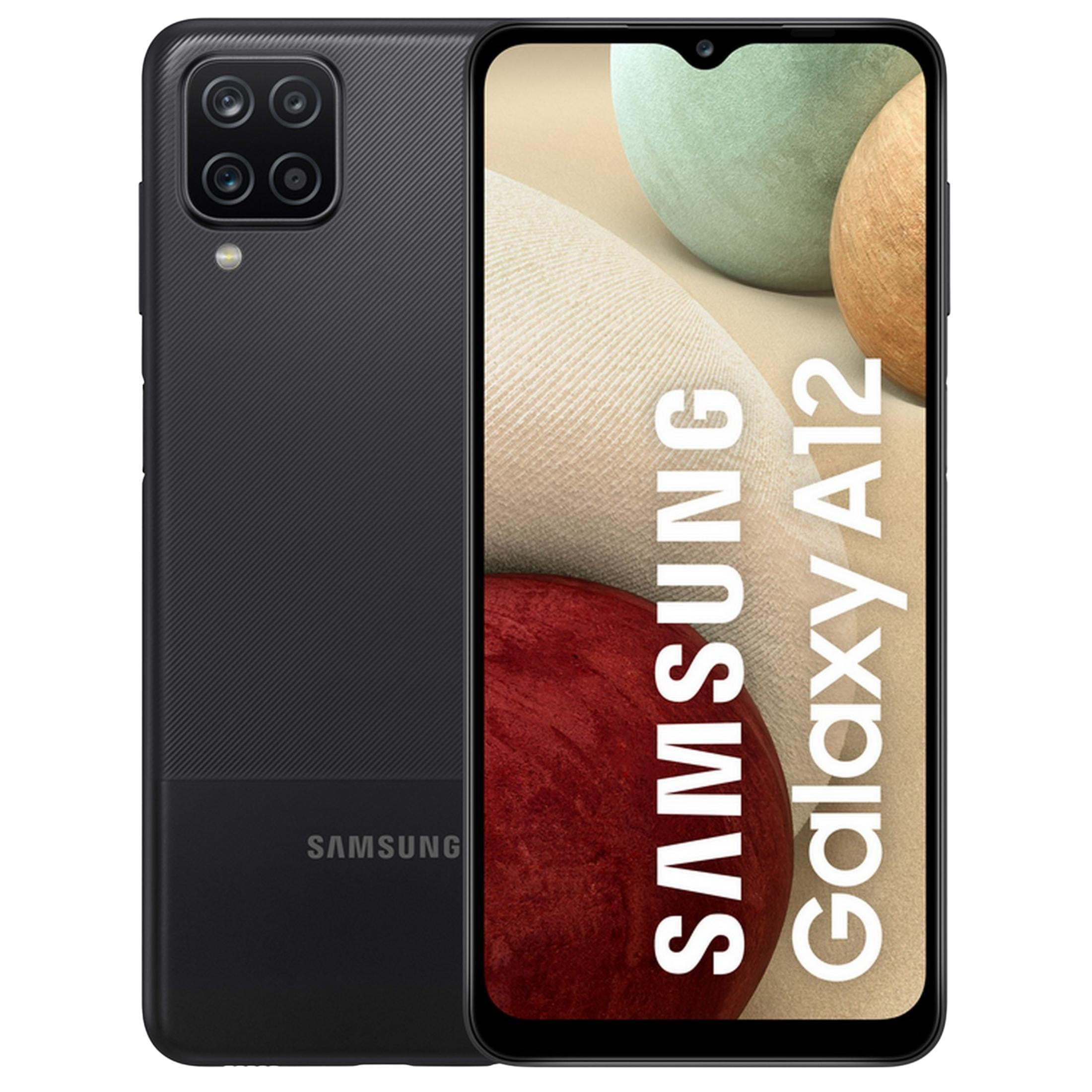 Se muestra un teléfono Samsung Galaxy A12 negro con su conjunto de cámaras traseras y pantalla.