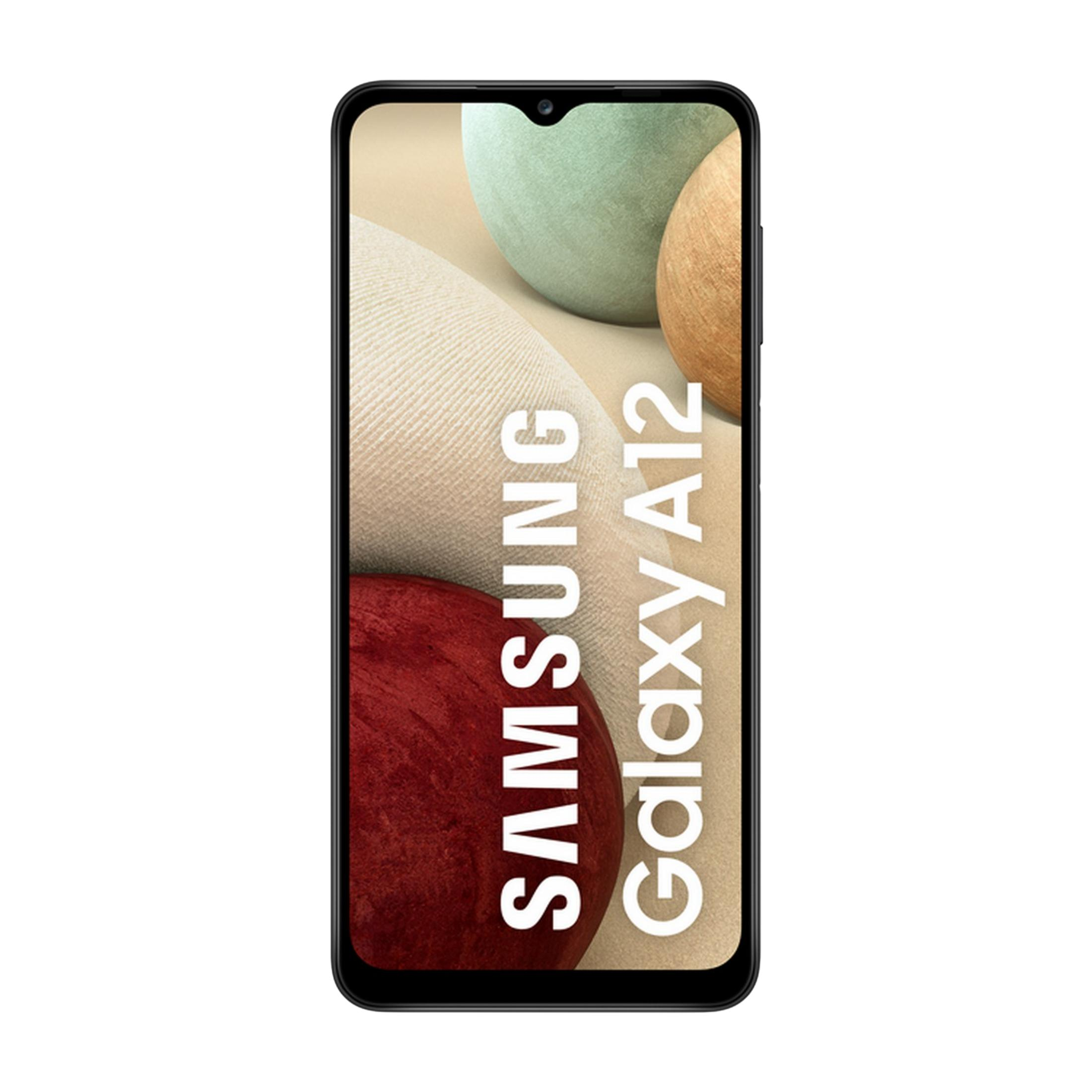 Un smartphone Samsung Galaxy A12 negro con muesca en forma de gota.