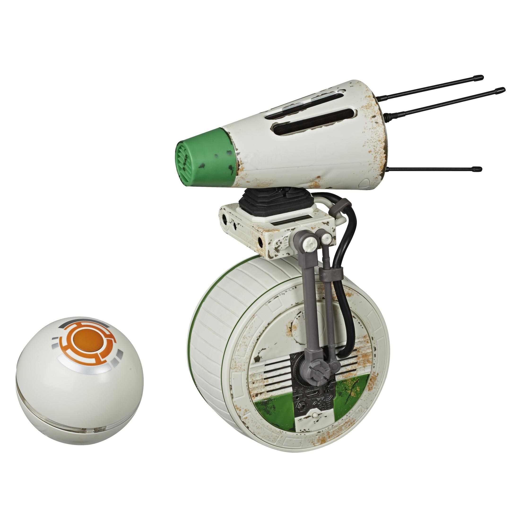 Ein weißer Roboter mit einem Rad, einer Kugel und Antennen.