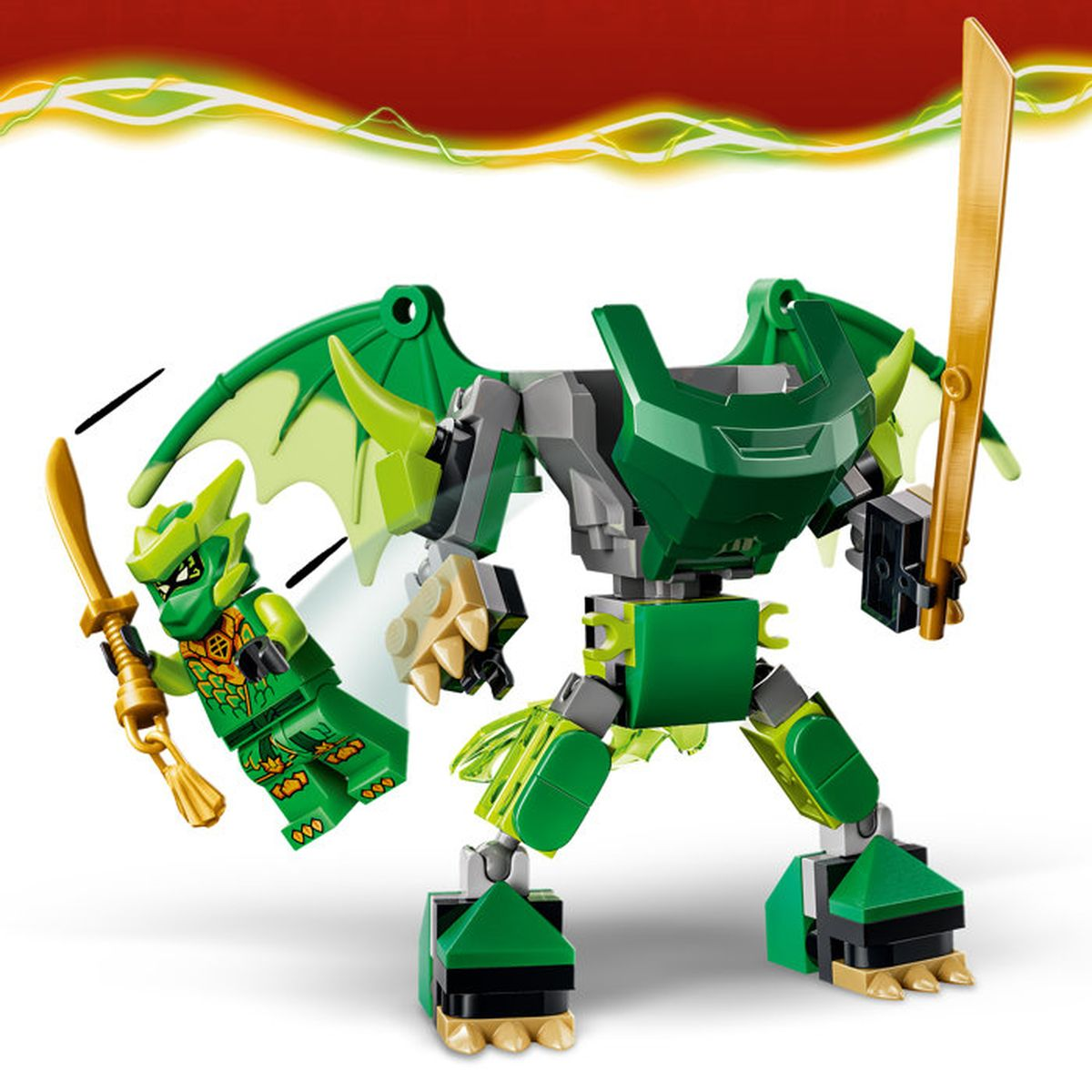 Figura ninja verde con espada lucha contra un mecha dragón verde con espada dorada.