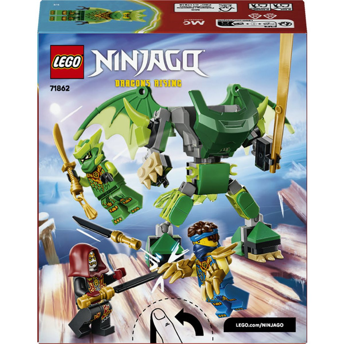 Set Lego Ninjago con mecha dragón verde, dos ninjas y un enemigo rojo.