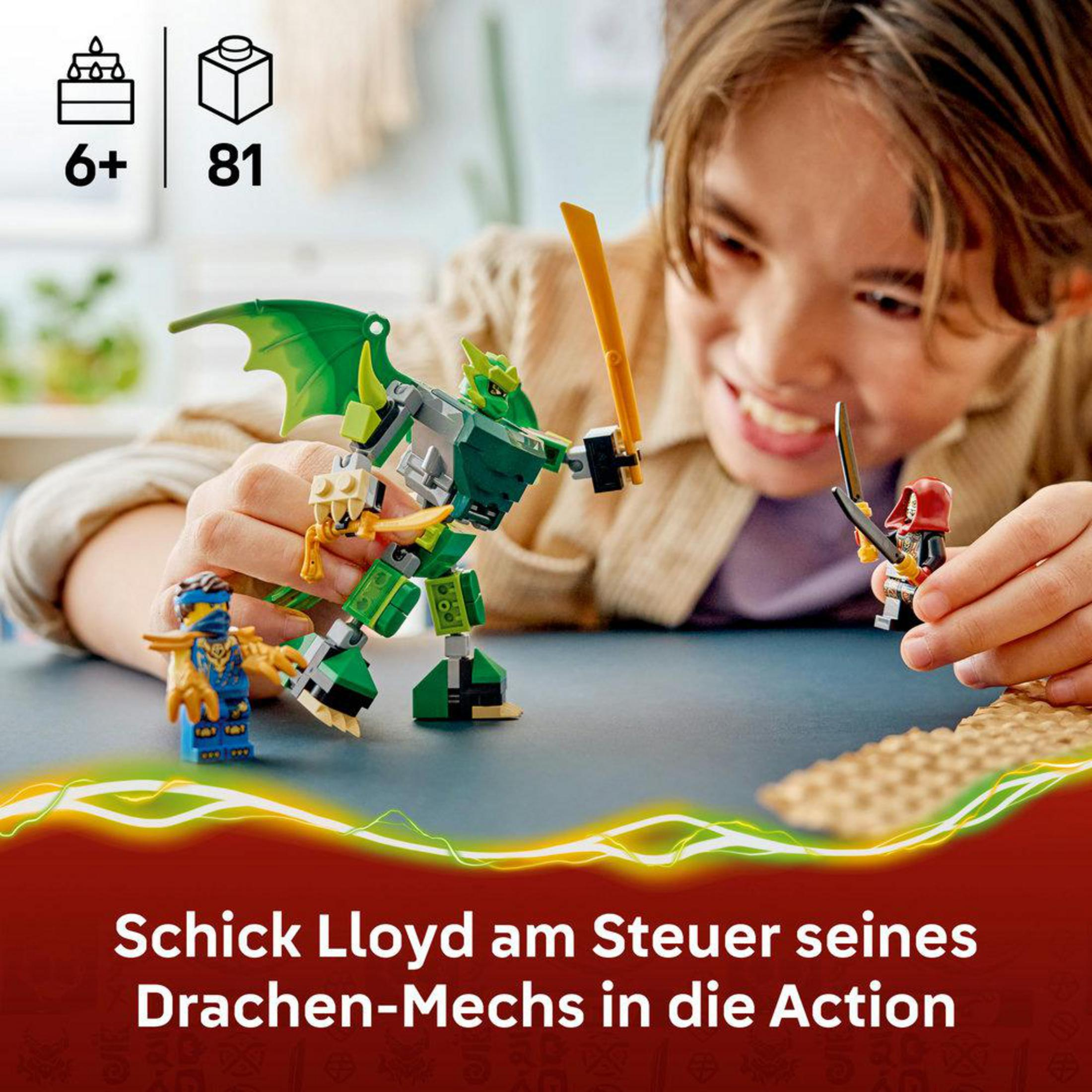 Un niño juega con figuras de Lego: Lloyd, un mecha dragón y dos oponentes.