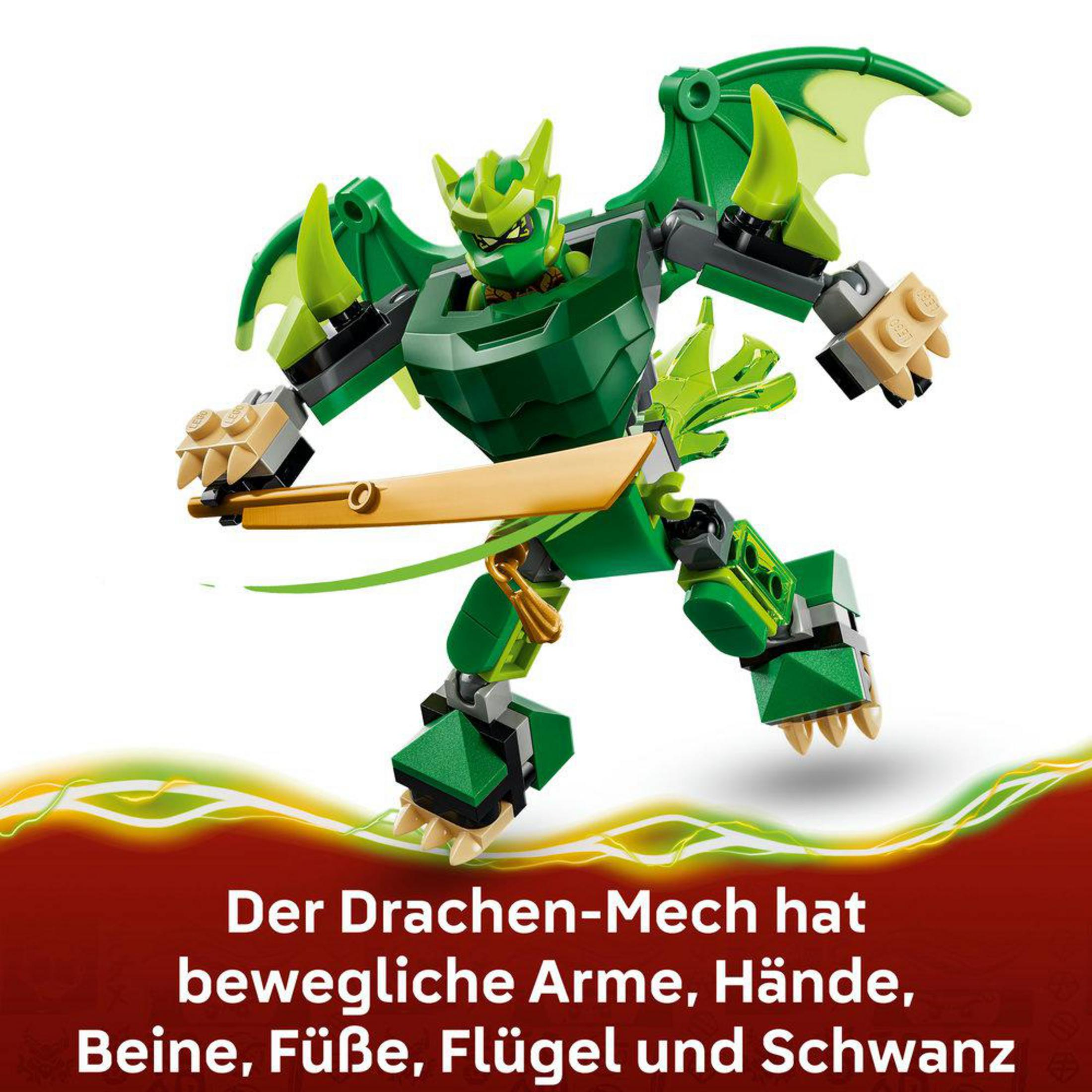 Un meca dragón verde de Lego con extremidades y alas móviles.