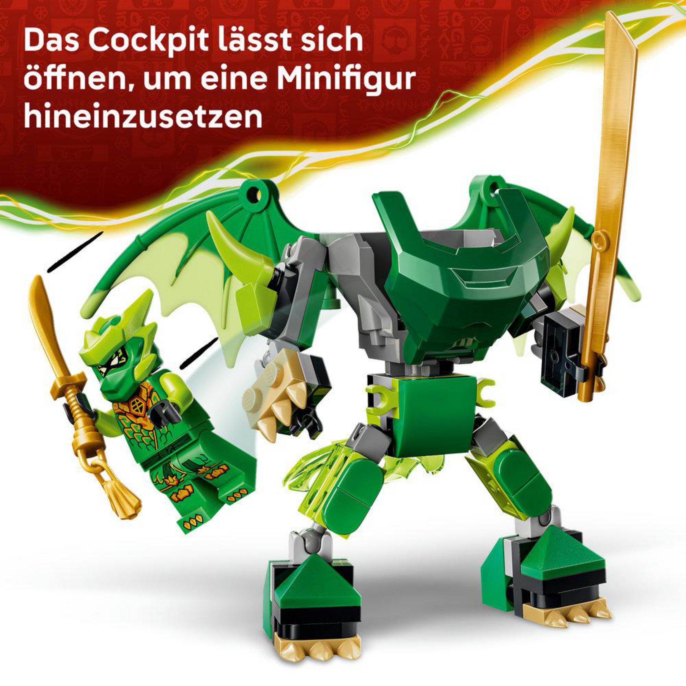 Un dragón LEGO de minifigura verde con espada dorada y un guerrero.