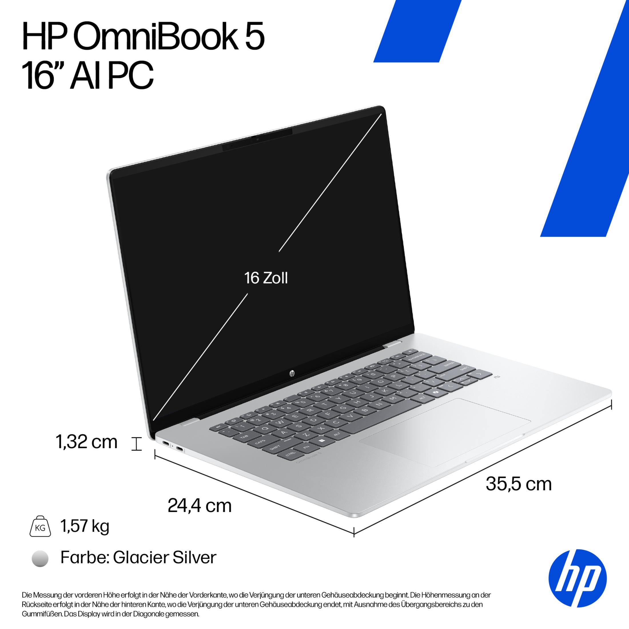 HP OmniBook 5 Laptop, 16-Zoll-Bildschirm, Glacier Silver, 1,57 kg.