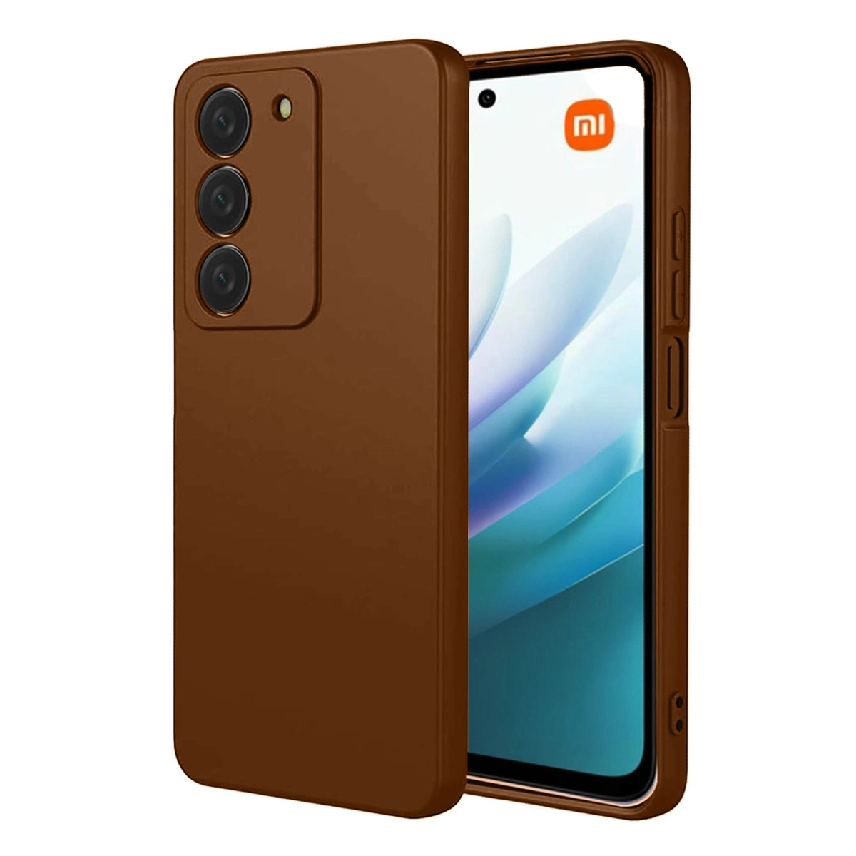 Ekranında Xiaomi logosu bulunan üç kameralı kahverengi telefon kılıfı.