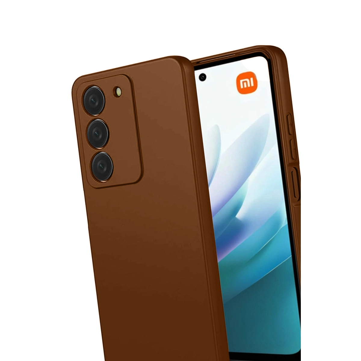 Üç kameralı kahverengi akıllı telefon ve ekranda UI logosu.