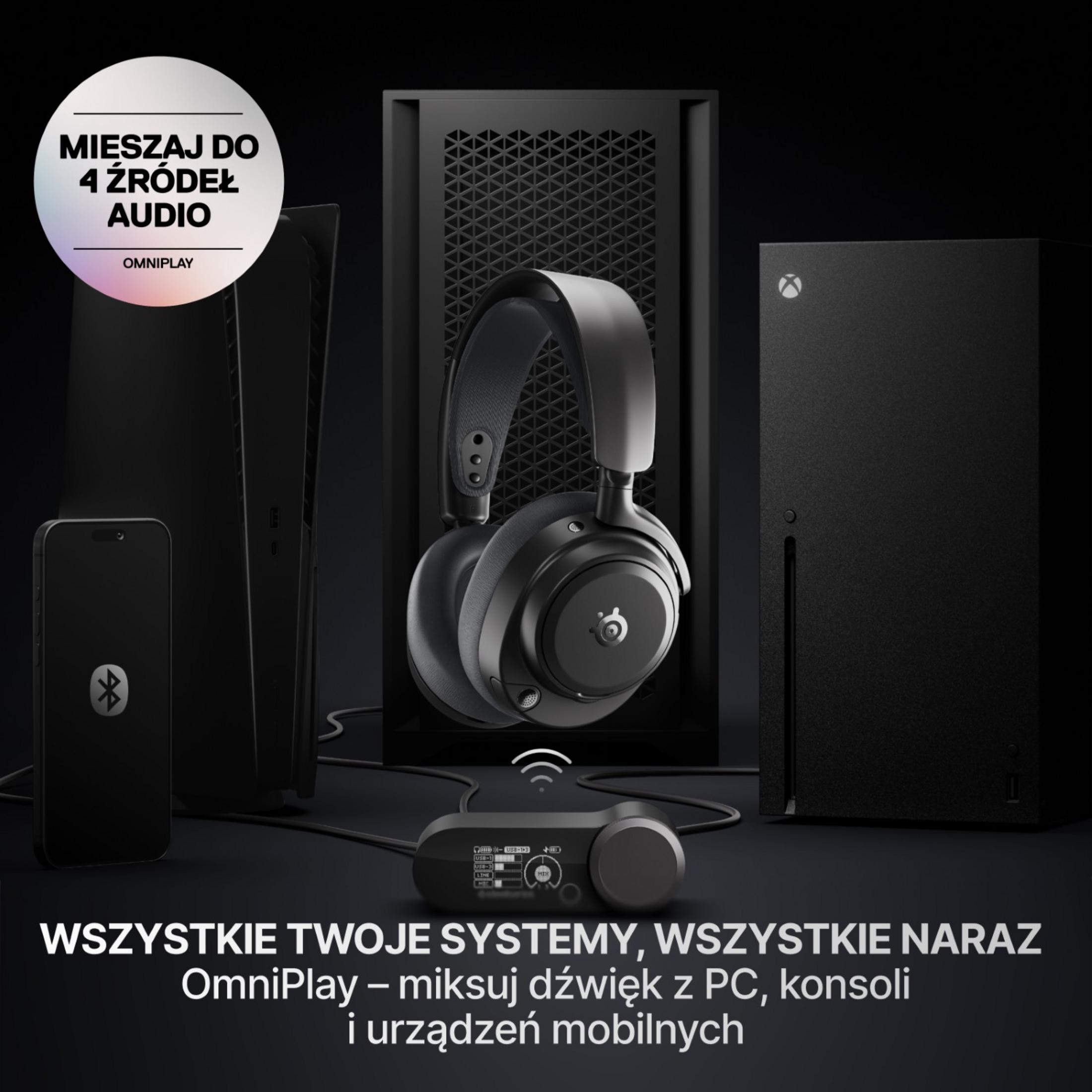 Setup da gioco con cuffie, console, telefono e mixer su sfondo nero.