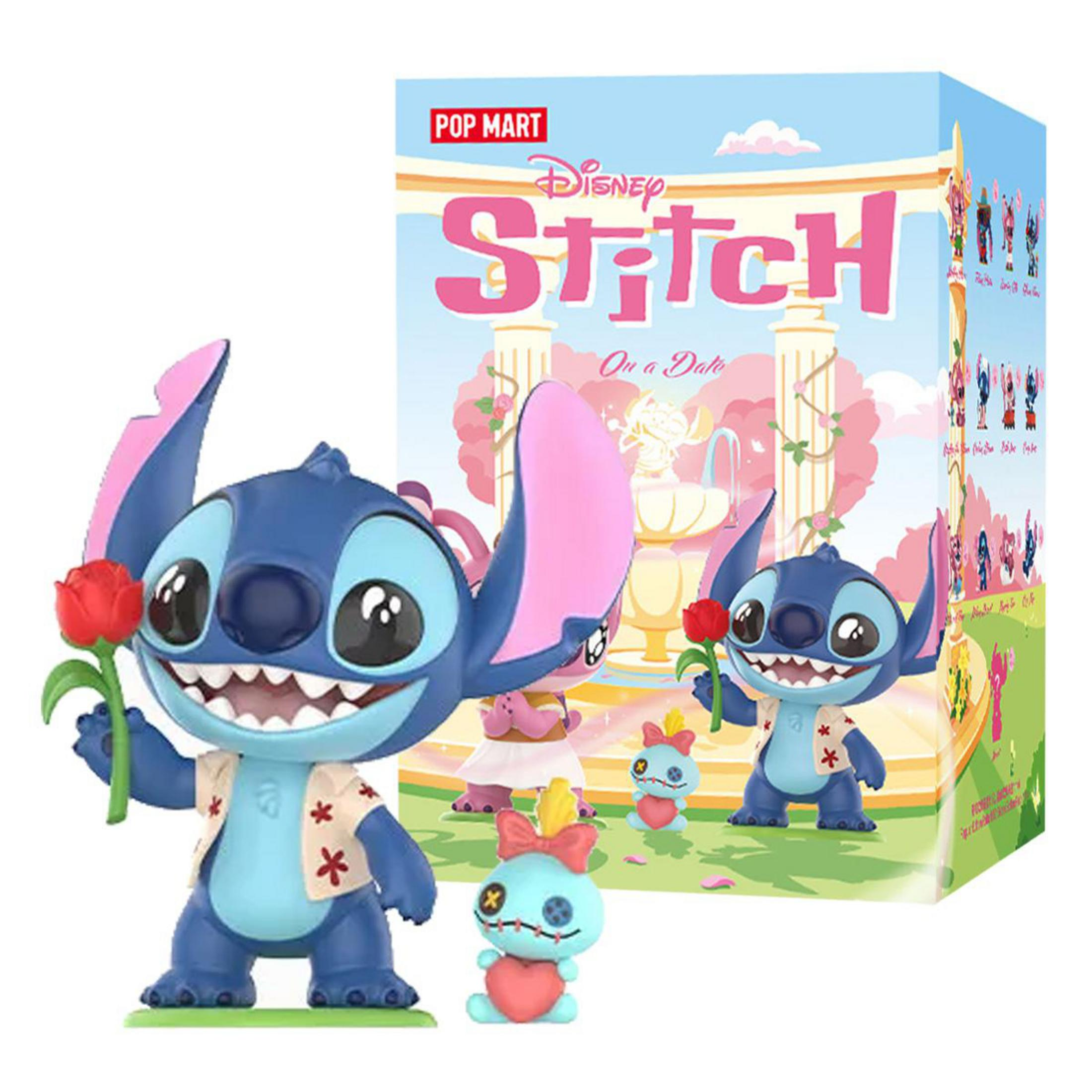 Stitch-Figuren mit roten Rosen vor einer bunten Kulisse mit der Aufschrift "Stitch On a Date".