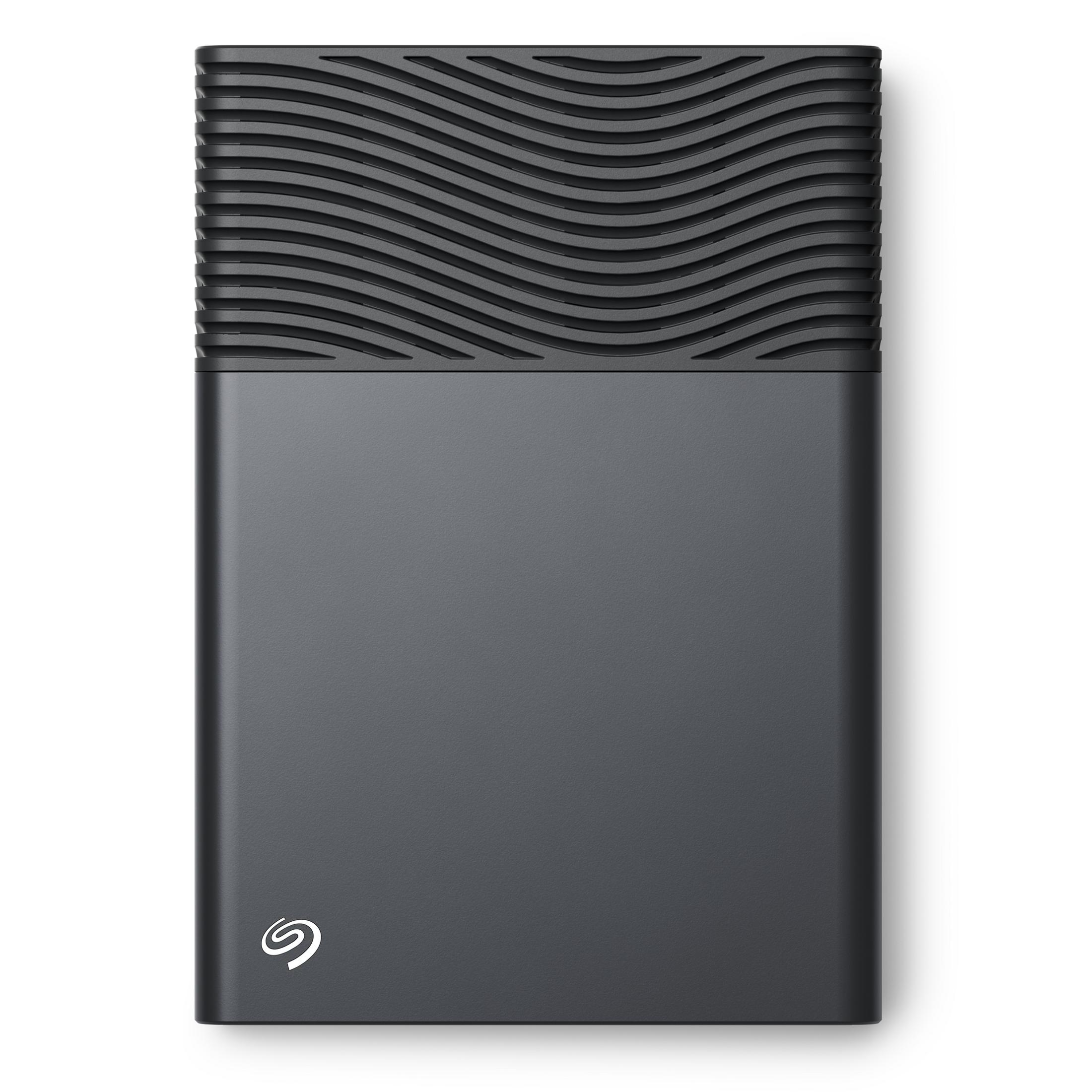 Dunkelgraues externes Laufwerk mit gewelltem Muster oben und Seagate-Logo.