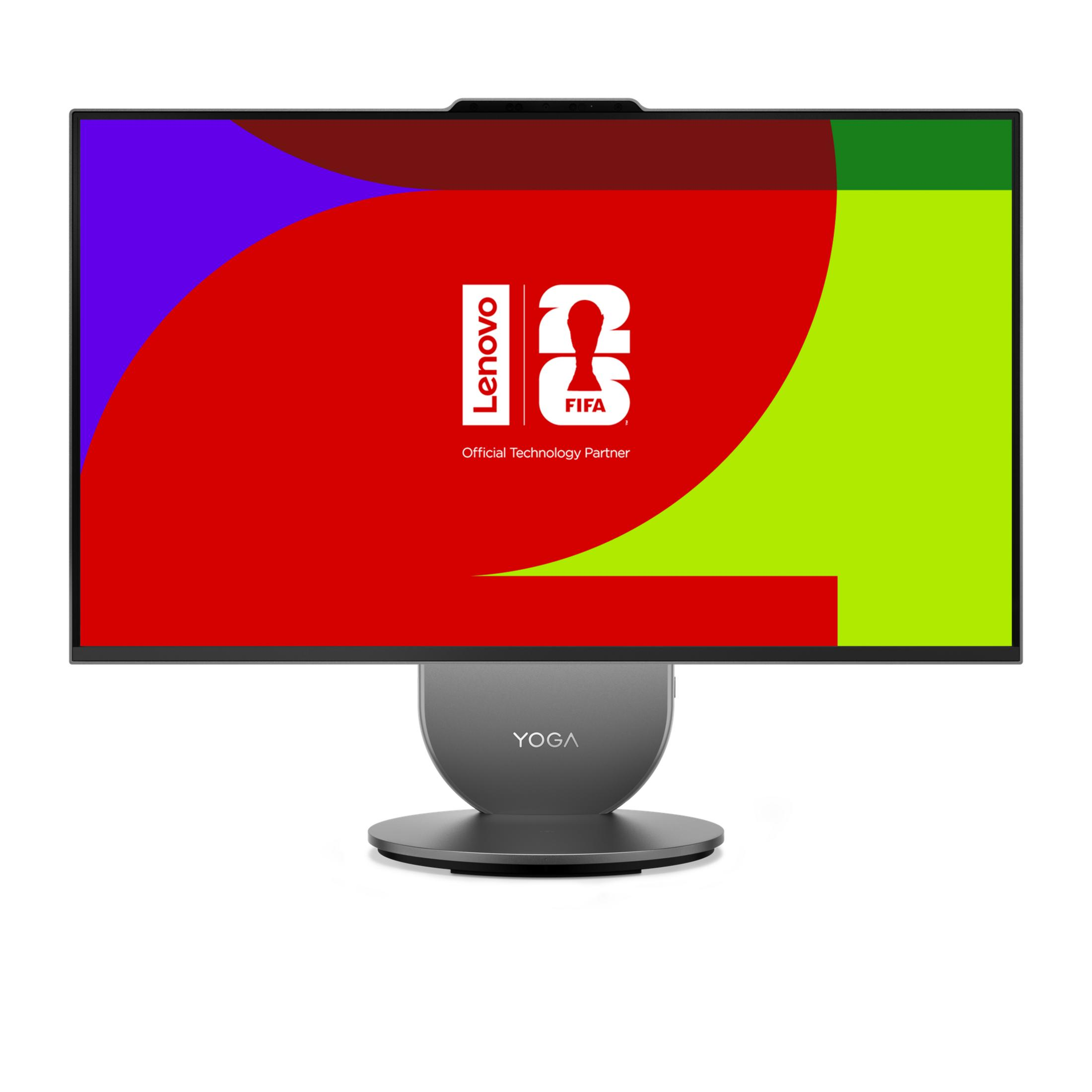 Ein Lenovo Yoga Monitor mit einem farbenfrohen Hintergrund und dem FIFA-Logo.