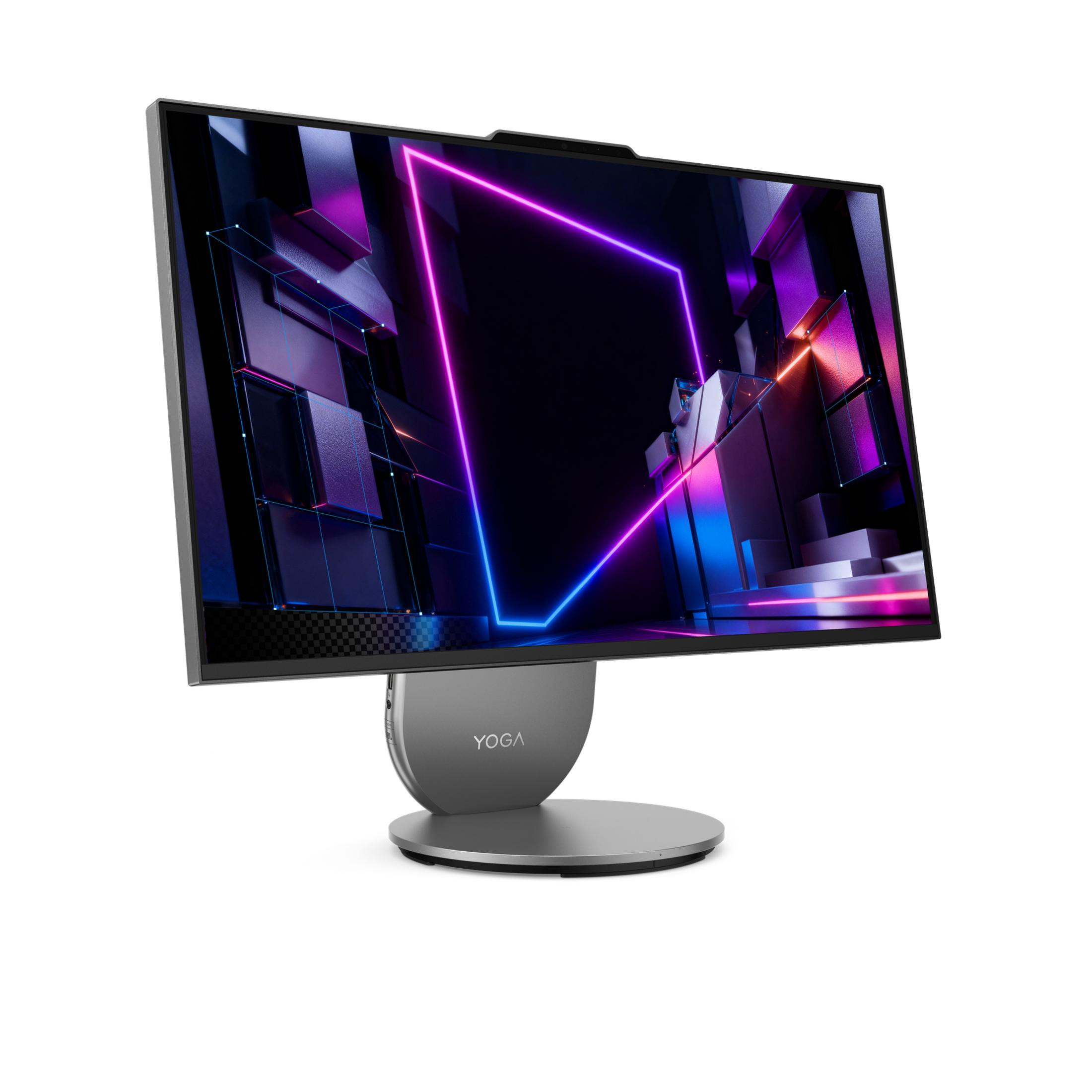 Ein moderner Desktop-Monitor mit abstraktem Hintergrund und Neonlicht.