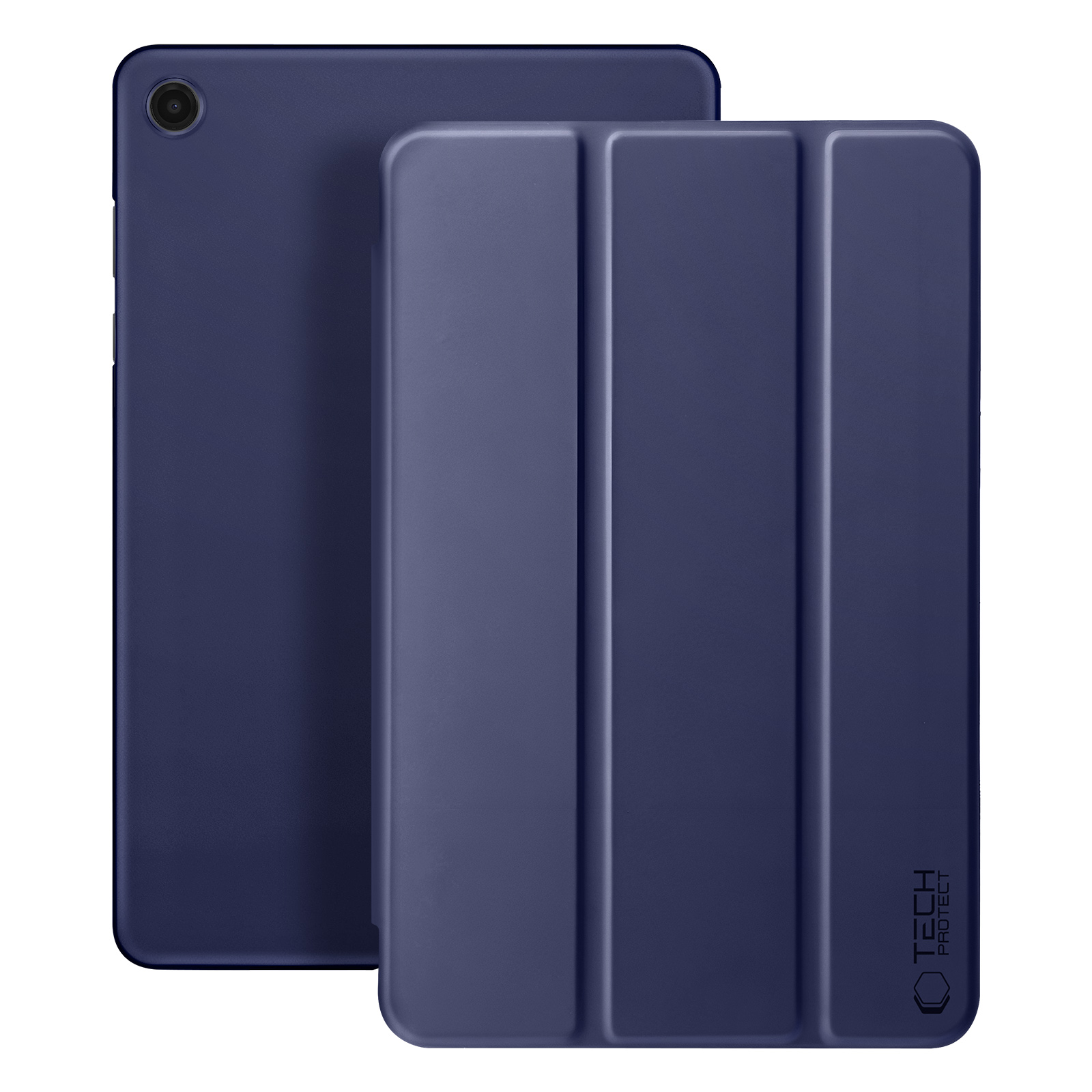 Ein dunkelblaues Tablet und seine Hülle sind zu sehen. Das Tablet hat eine Kameralinse.