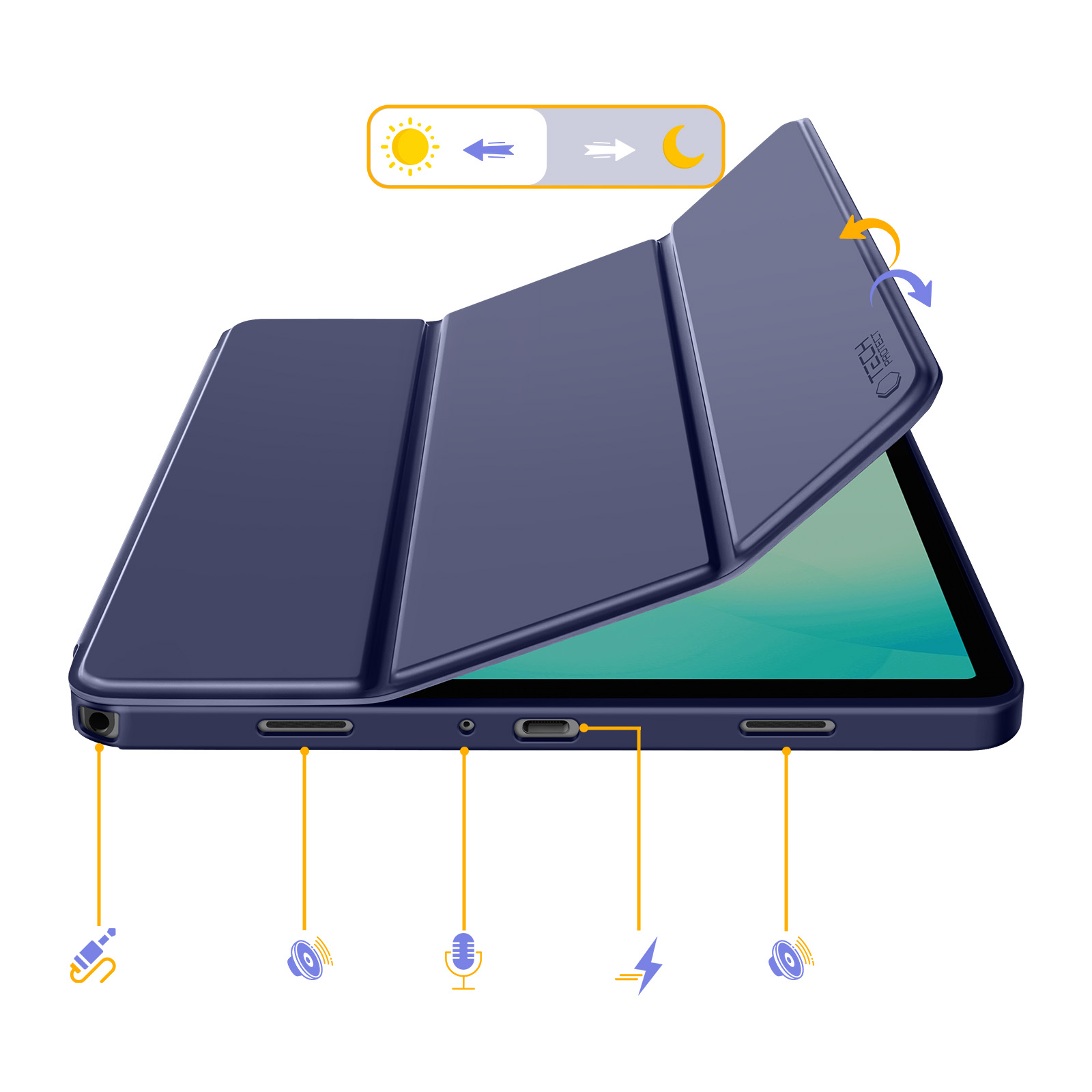 Ein blaues Tablet mit einer geöffneten Schutzhülle. Anschlüsse sind beschriftet.