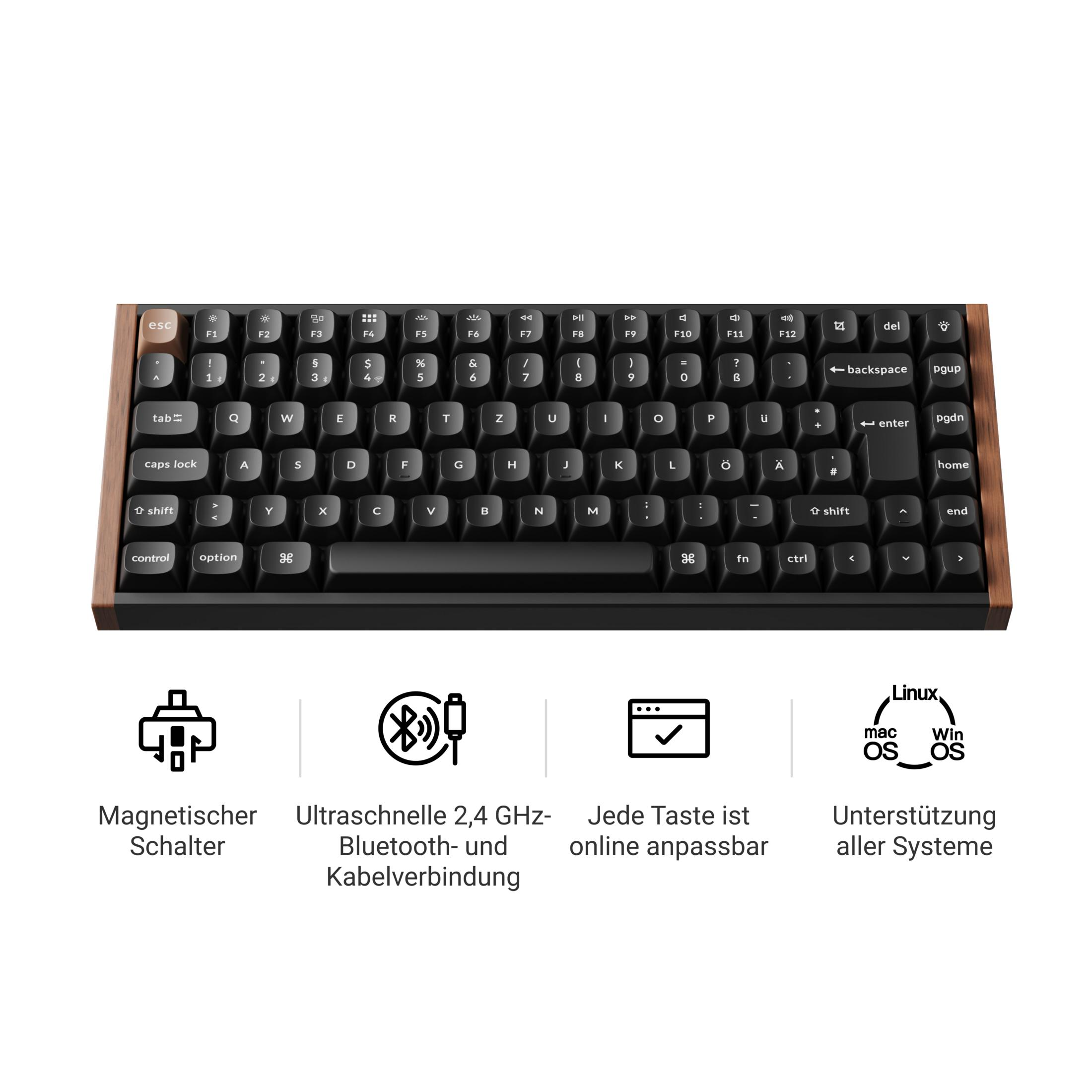 Schwarze Tastatur mit Holzrahmen, Icons unten: Schalter, Funkverbindung, Tastenanpassung, OS-Kompatibilität.
