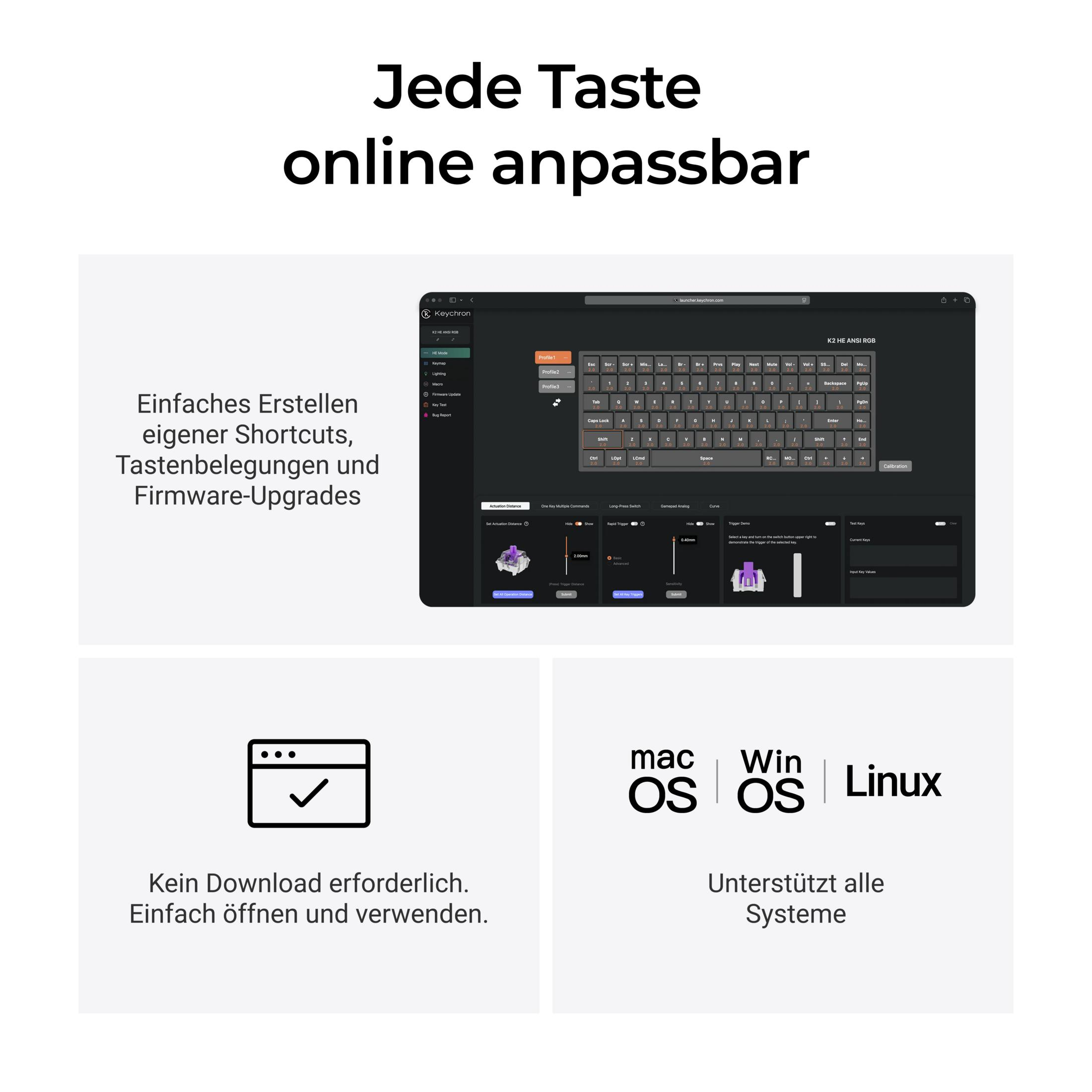 Screenshot der Keychron-Software mit Tastatur-Layout, Anpassungsoptionen und OS-Logos.