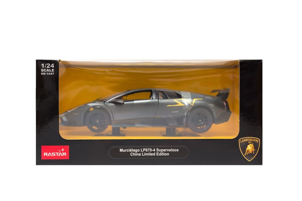 Szara metalowa miniatura Lamborghini Murcielago w skali 1:24 w opakowaniu.
