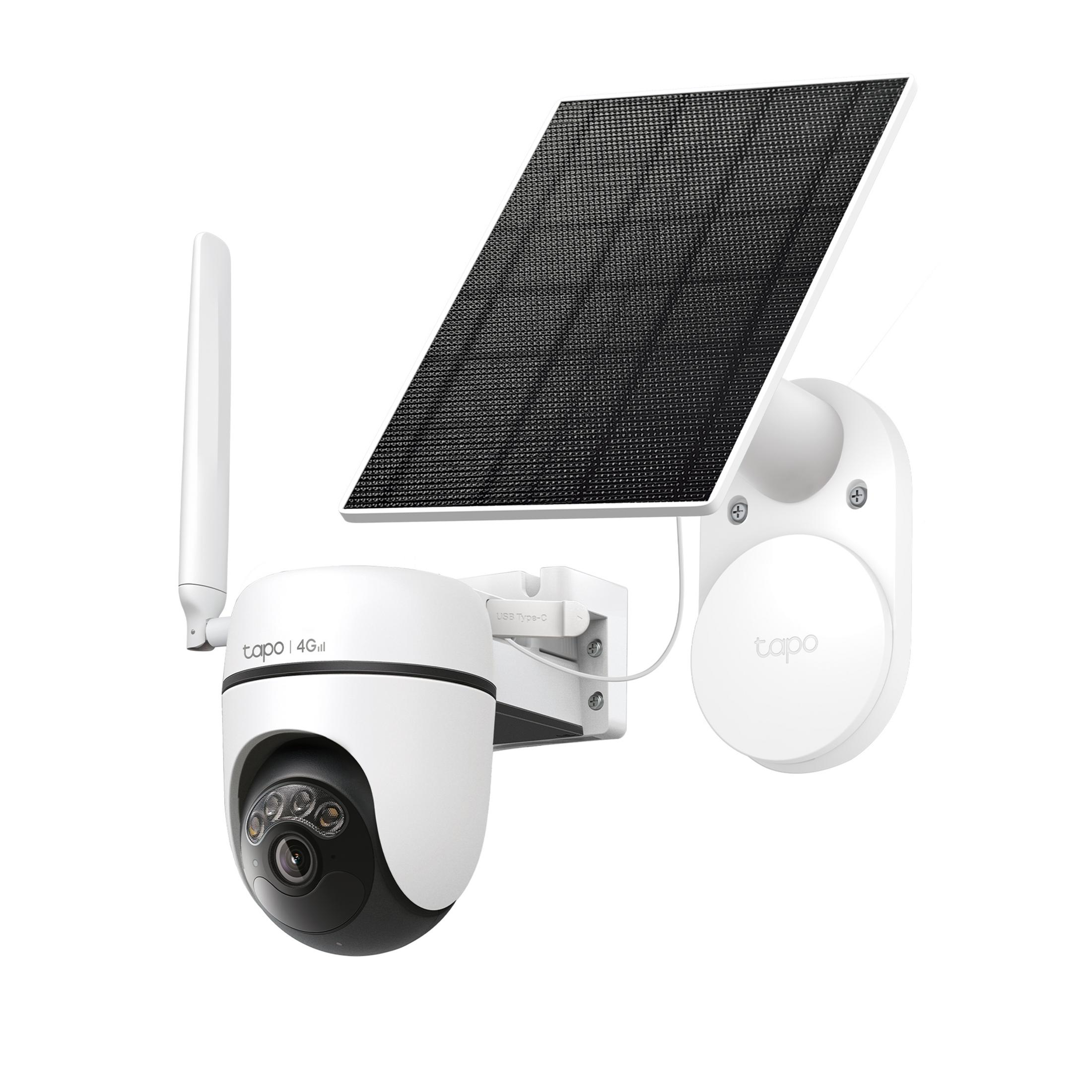 Weiße Überwachungskamera mit Solarpanel und Antenne auf weißem Hintergrund.