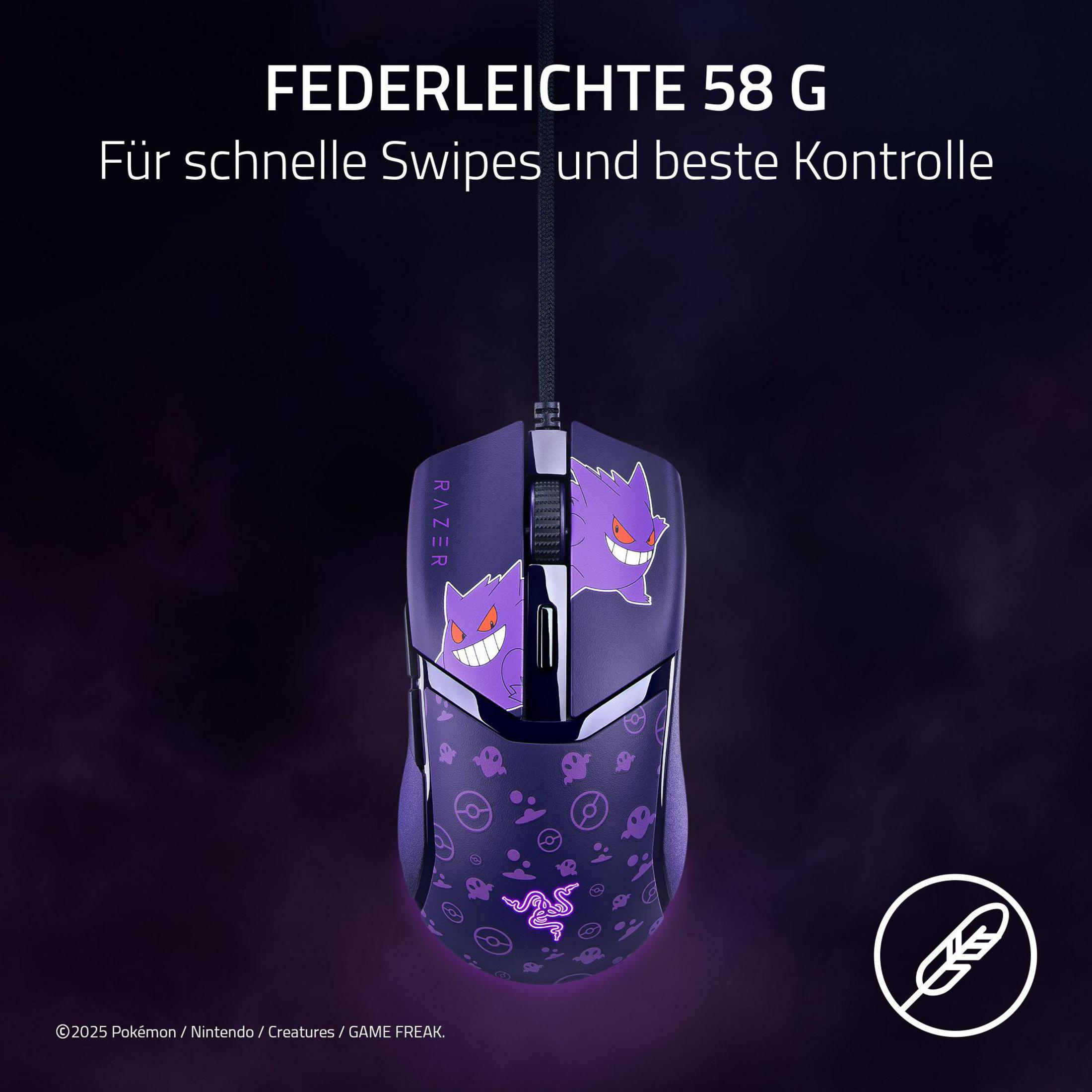 Mouse Razer viola con motivo Gengar e simboli Pokémon, 58g.
