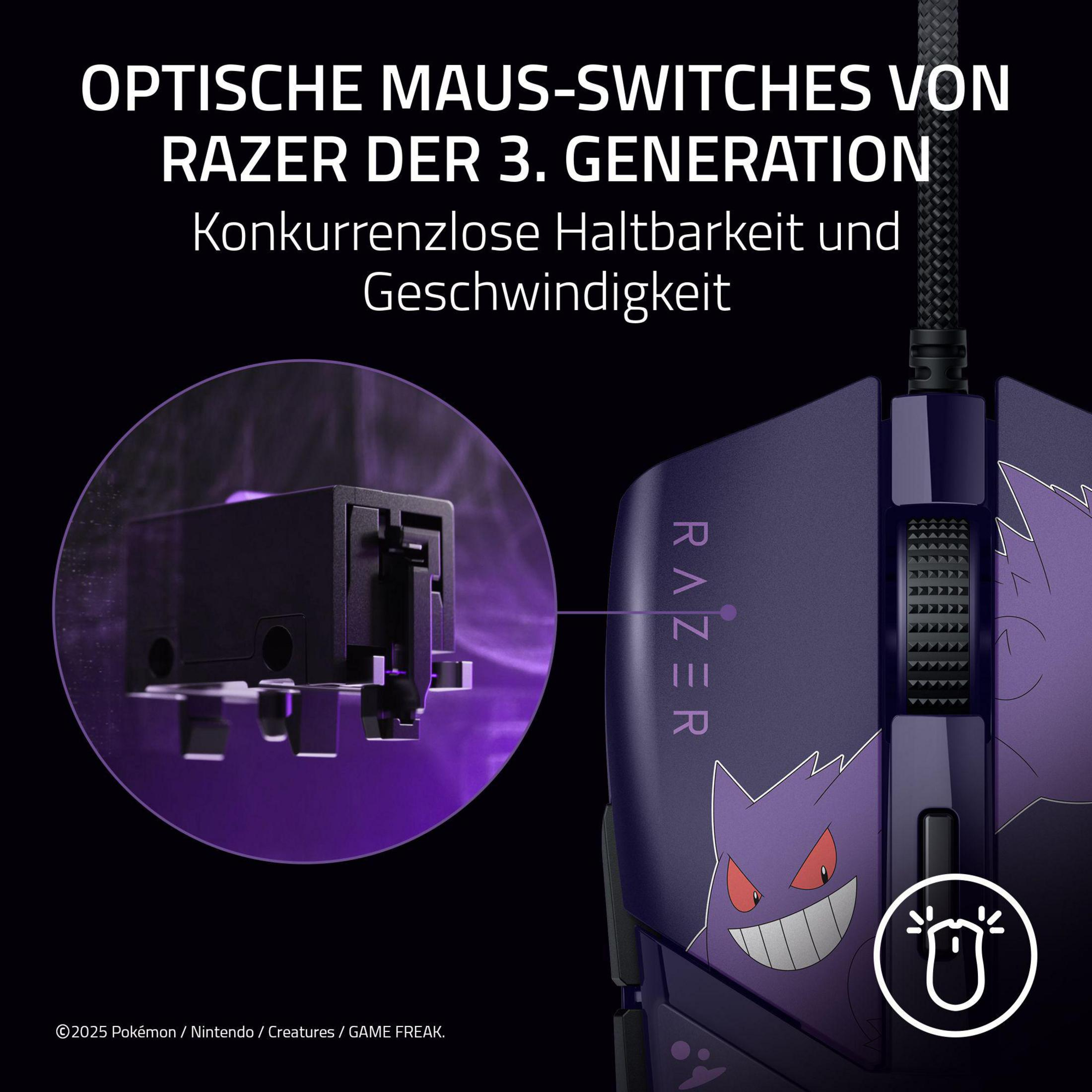Mouse Razer viola con design Gengar e primo piano dell'interruttore ottico.