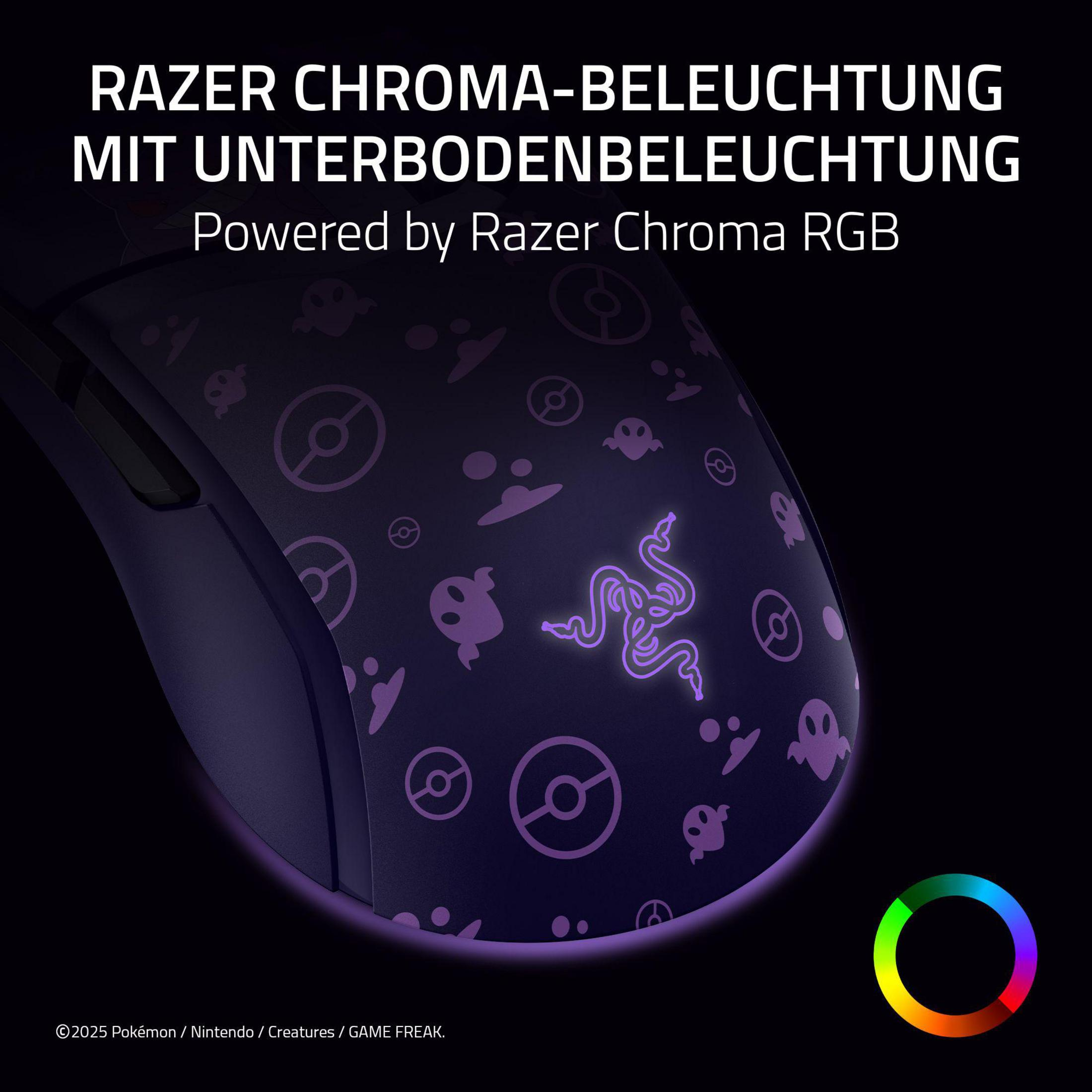 Mouse Razer viola con design Pokémon e logo luminoso. Ruota colori sullo sfondo.