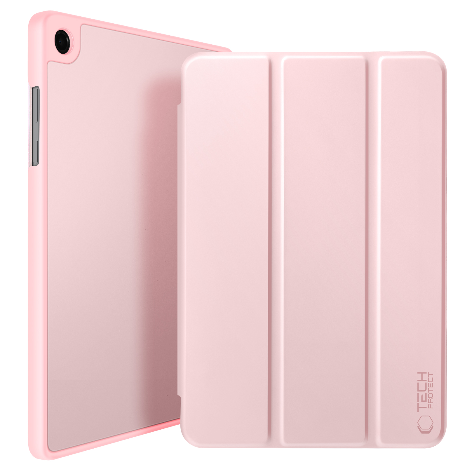 Un supporto per tablet rosa a tre pieghe con logo.