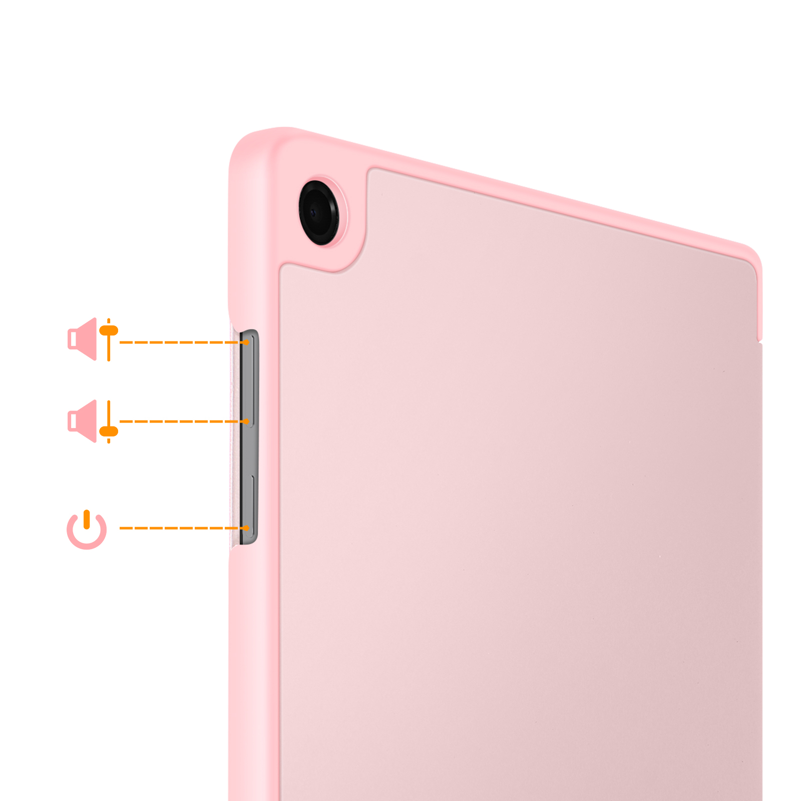Custodia rosa per tablet che mostra i pulsanti del volume e di accensione.