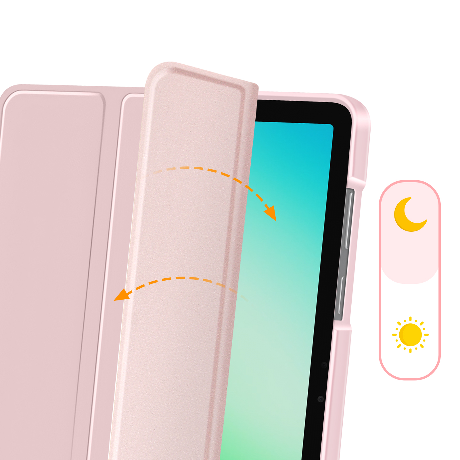 Supporto per tablet rosa con cover semiaperta e icone sole e luna.