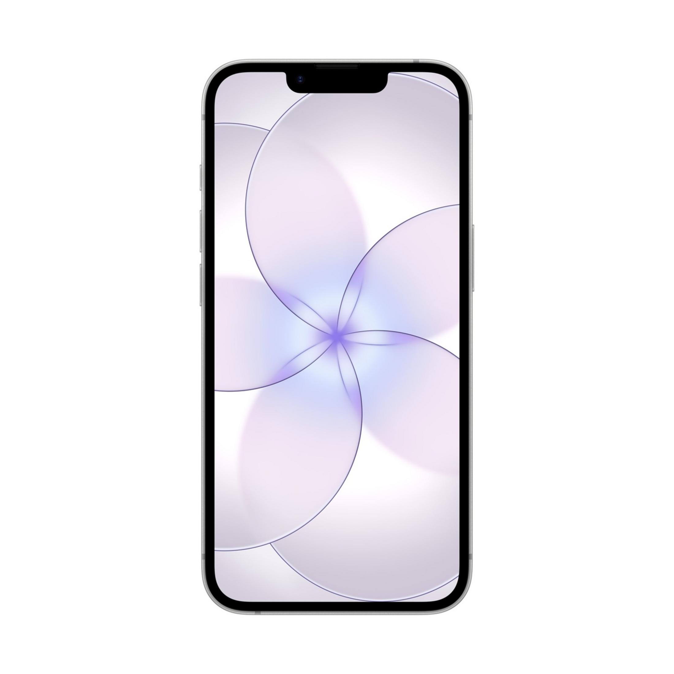 Srebrny smartfon z fioletowo-białą abstrakcyjną tapetą kwiatową.