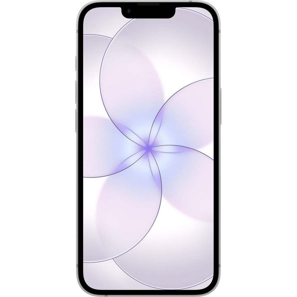 Srebrny smartfon wyświetla abstrakcyjne fioletowo-białe tło na ekranie.