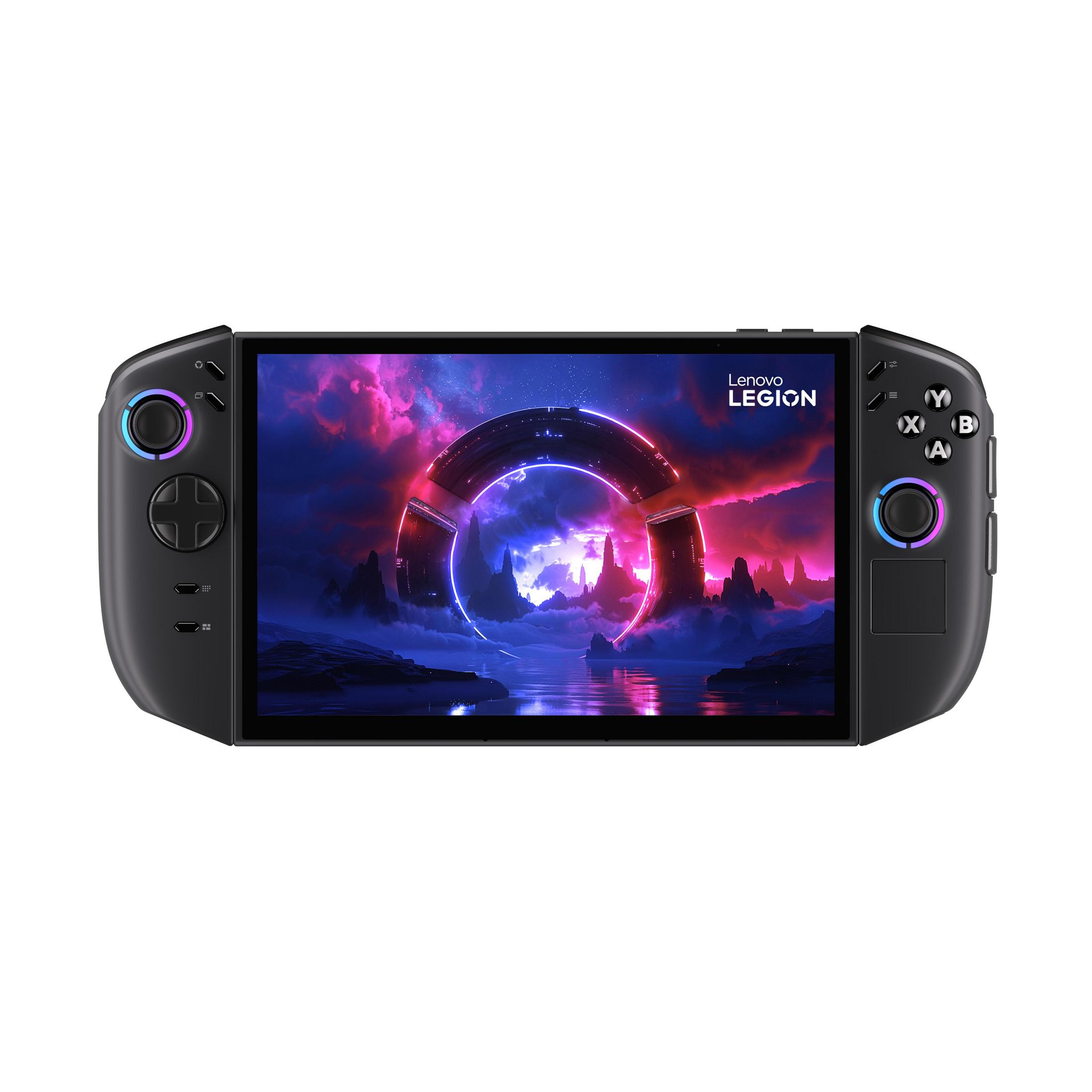 Schwarzes Handheld-Gaming-Gerät mit farbenfroher Fantasy-Landschaft auf dem Bildschirm.