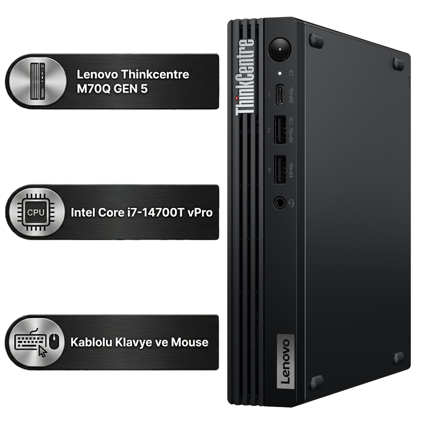 Intel Core i7 CPU'lu siyah Lenovo Thinkcentre M70Q Gen 5 mini PC.