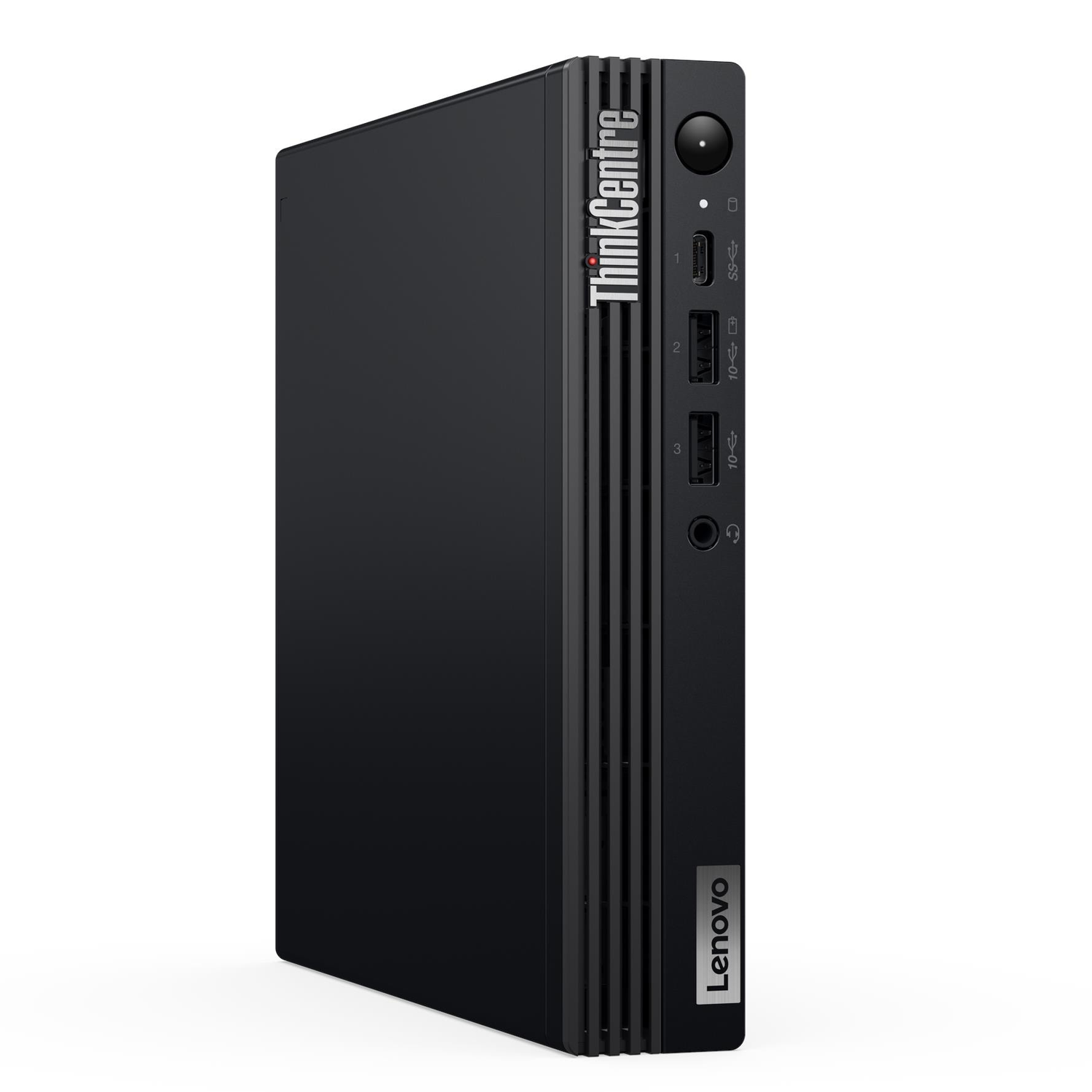 Bağlantı noktaları ve havalandırma yuvaları olan siyah Lenovo ThinkCentre mini PC.