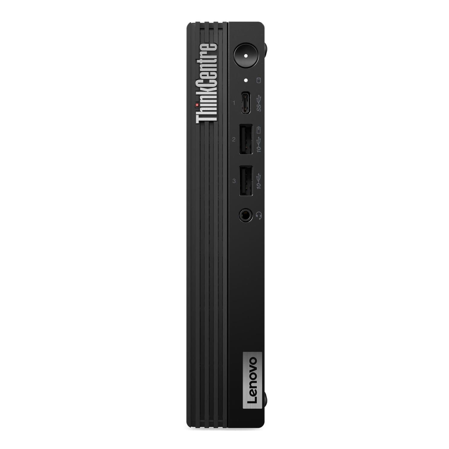 Havalandırma yuvaları ve USB bağlantı noktalarına sahip siyah Lenovo ThinkCentre Mini PC.