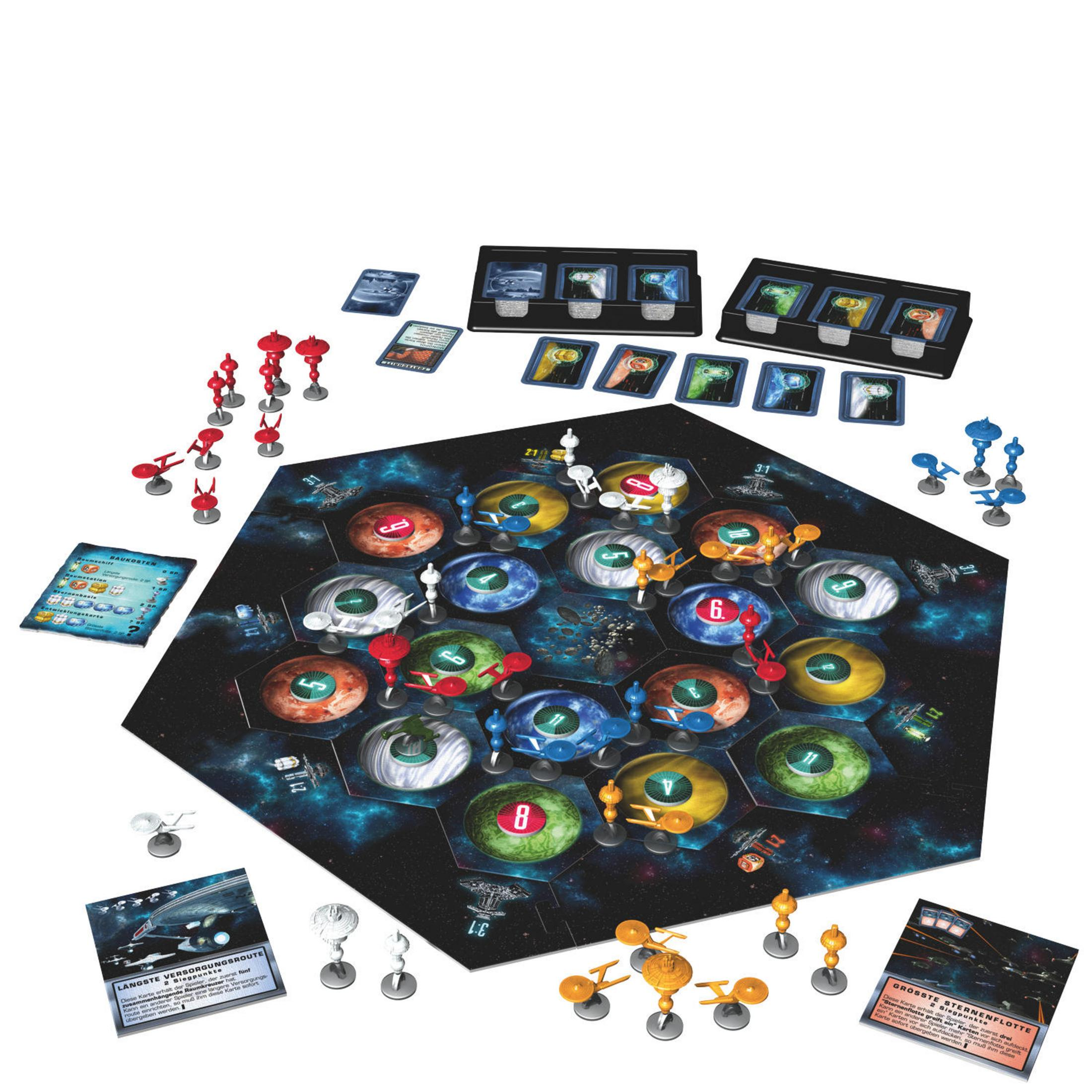 Ein Brettspiel mit Weltraum-Thema, das Schiffe, Planeten und Karten zeigt.