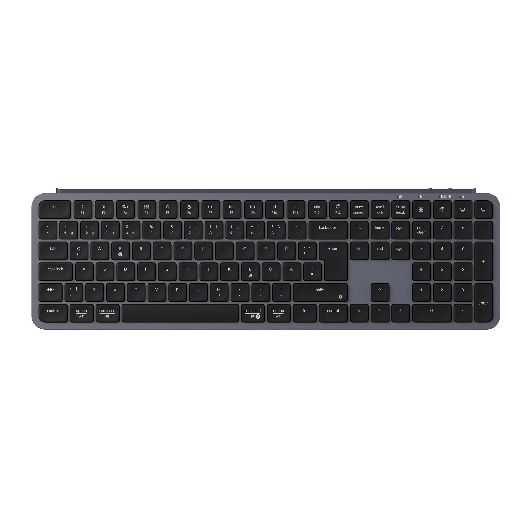 Eine dunkle, flache Tastatur mit vielen Tasten, einschließlich Funktionstasten.