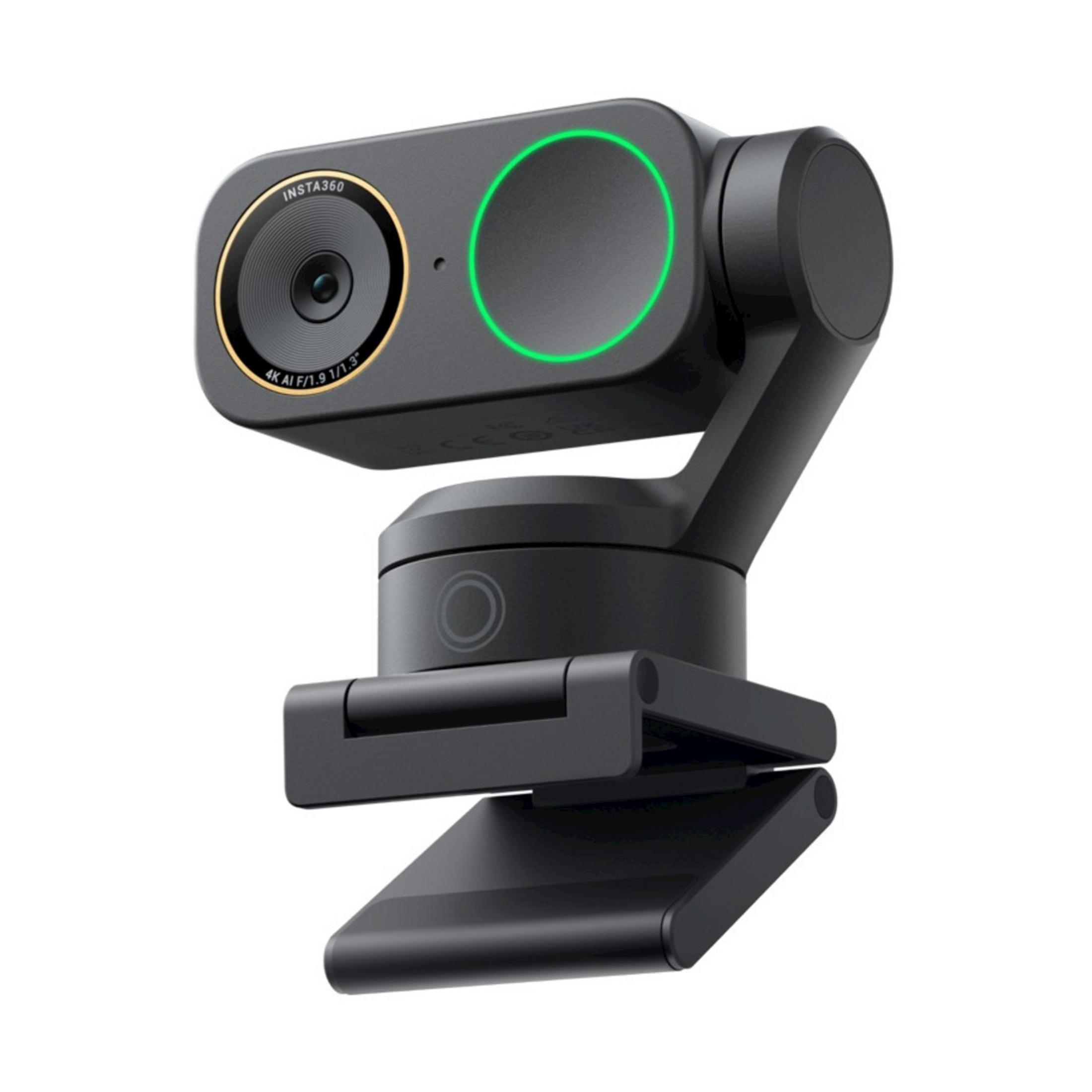 Ein schwarzer Insta360 Gimbal mit grünem Ringlicht auf weißem Hintergrund.